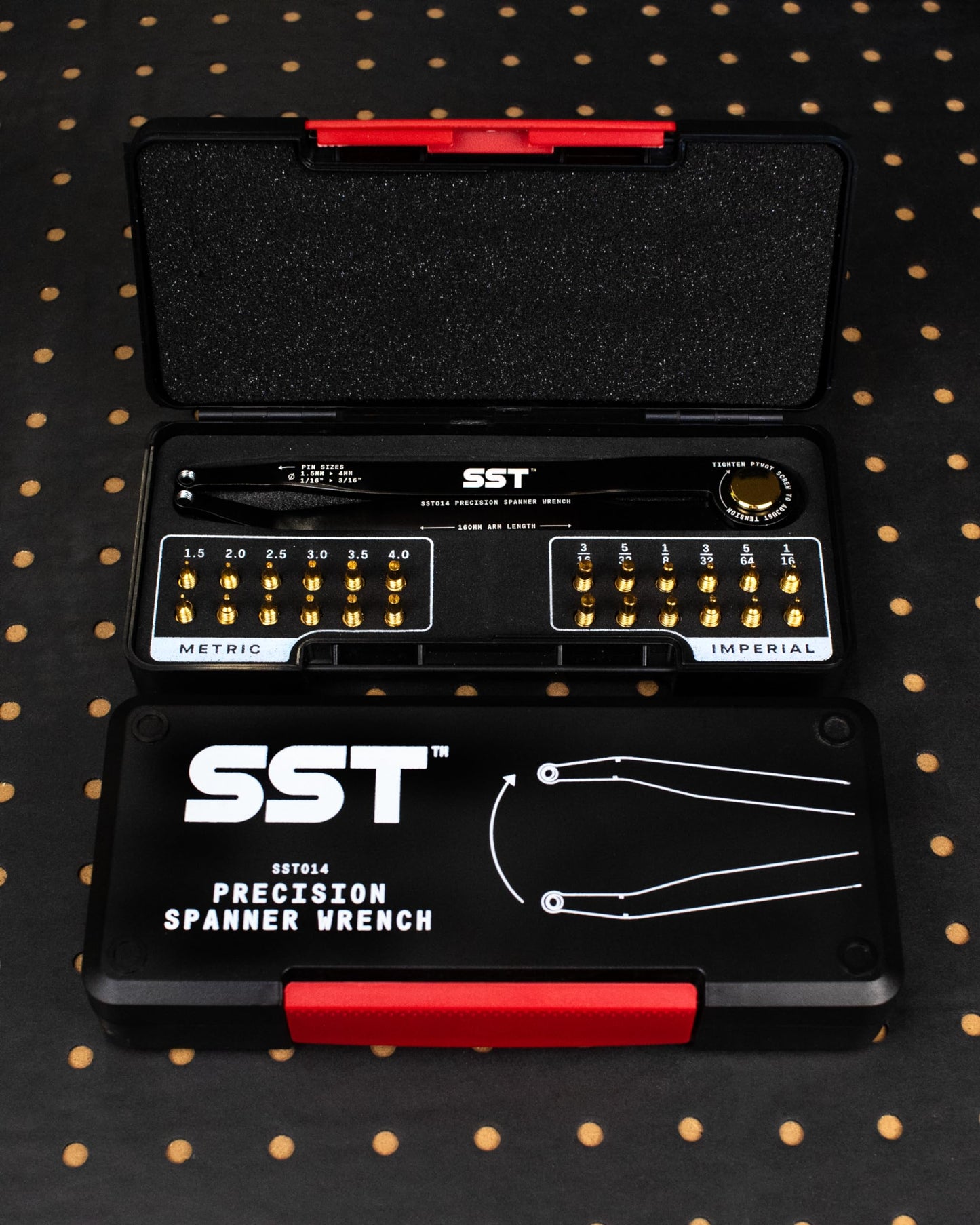 SST® - Precision Spanner Wrench – For Obscure Hardware & Fasteners – Includes 12 Metric & Imperial Steel Pin Sizes – Adjustable Tension – 160mm Arm – 180° Movement – With Storage Case