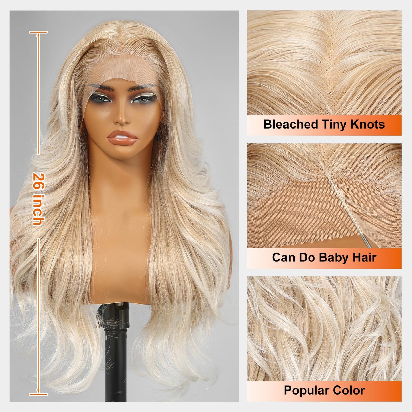 KOME Blonde Synthetic Lace Front Wig,13x4 HD Lace Layered Wave Glueless Wigs for Women Daily Use 26IN