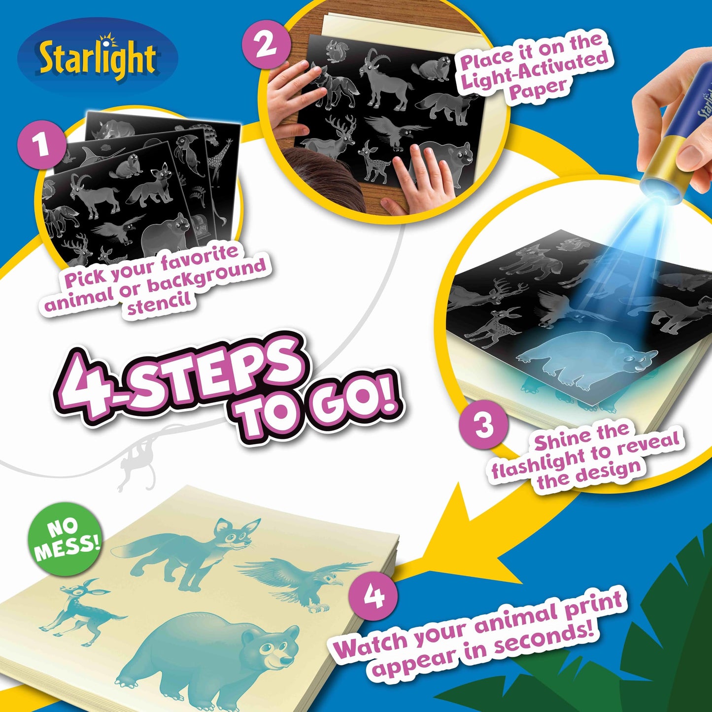 Starlight Light-Activated Paper Art Kit – Animal Kingdom Theme, Mess-Free Craft for Kids Ages 6, 7, 8, 9, 10, DIY Creative Gift with UV Flashlight for Boys & Girls