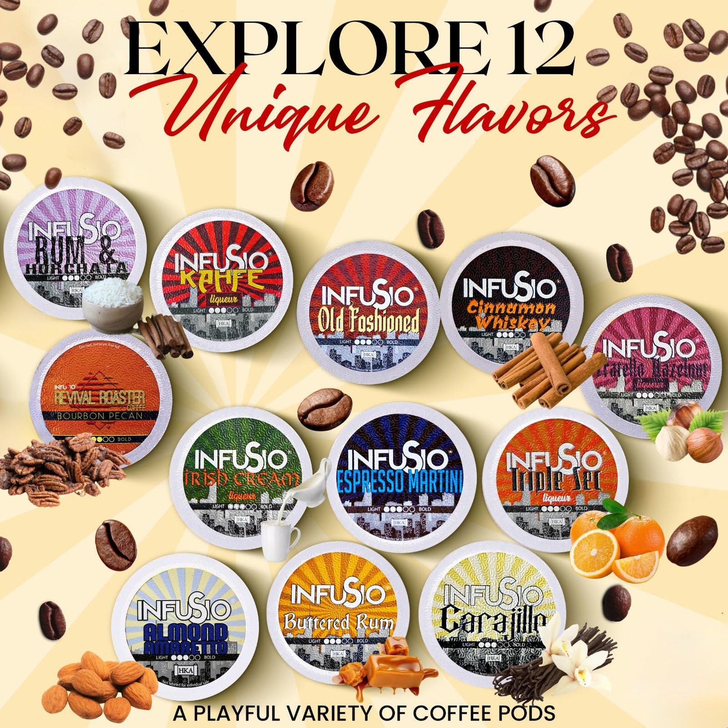 InfuSio Flavored Coffee Pods Variety Pack - 120 Count Flavored Medium Roast, 12 Curated Blends Inspired by Classic Cocktails, Compatible with Keurig K cups 2.0 Brewer