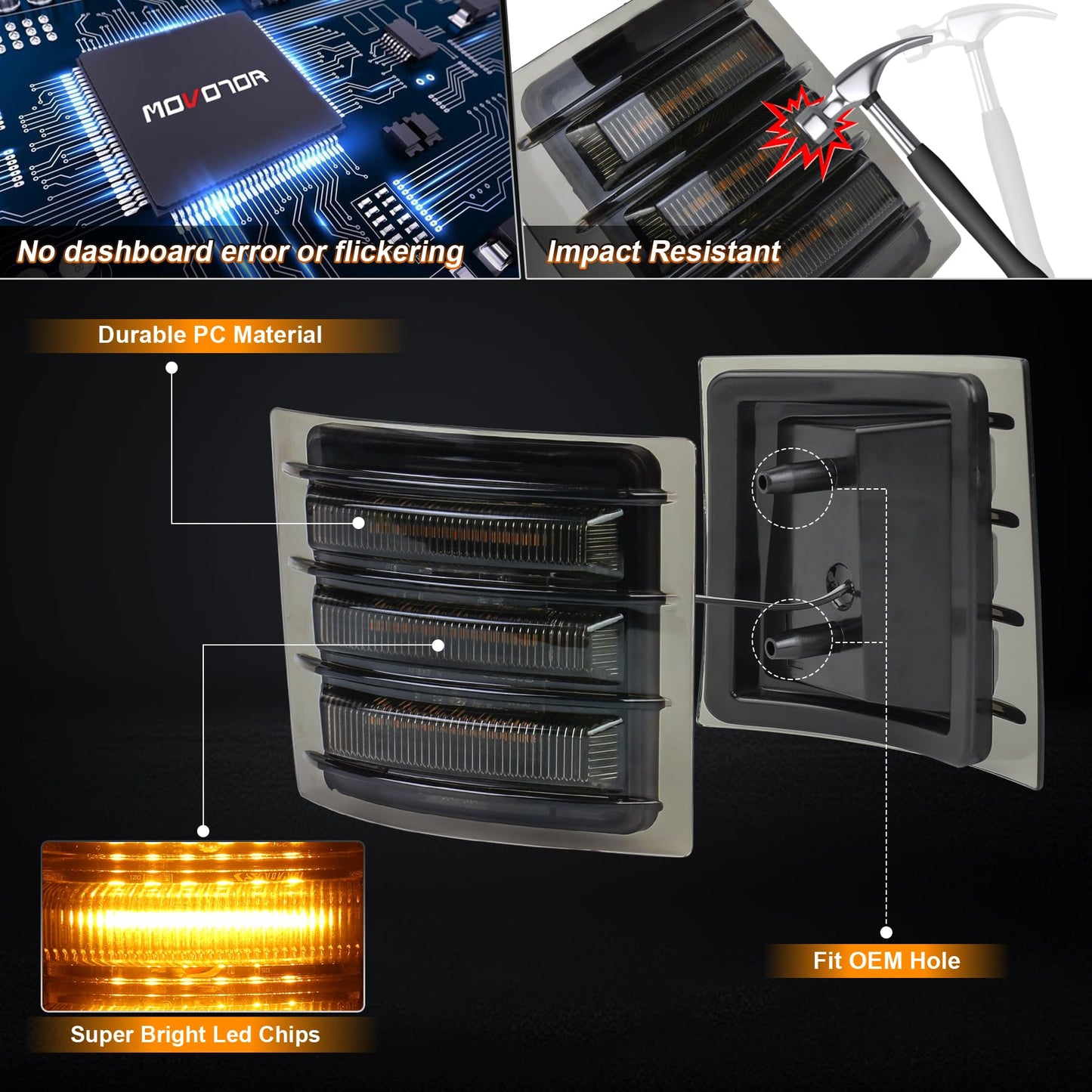 MOVOTOR LED Side Marker Lights with Amber Sequential Turn Signal Side Corner Lights Smoked Lens Compatible with 1994-1998 Chevy C/K 1500 2500 3500 Suburban Silverado Tahoe