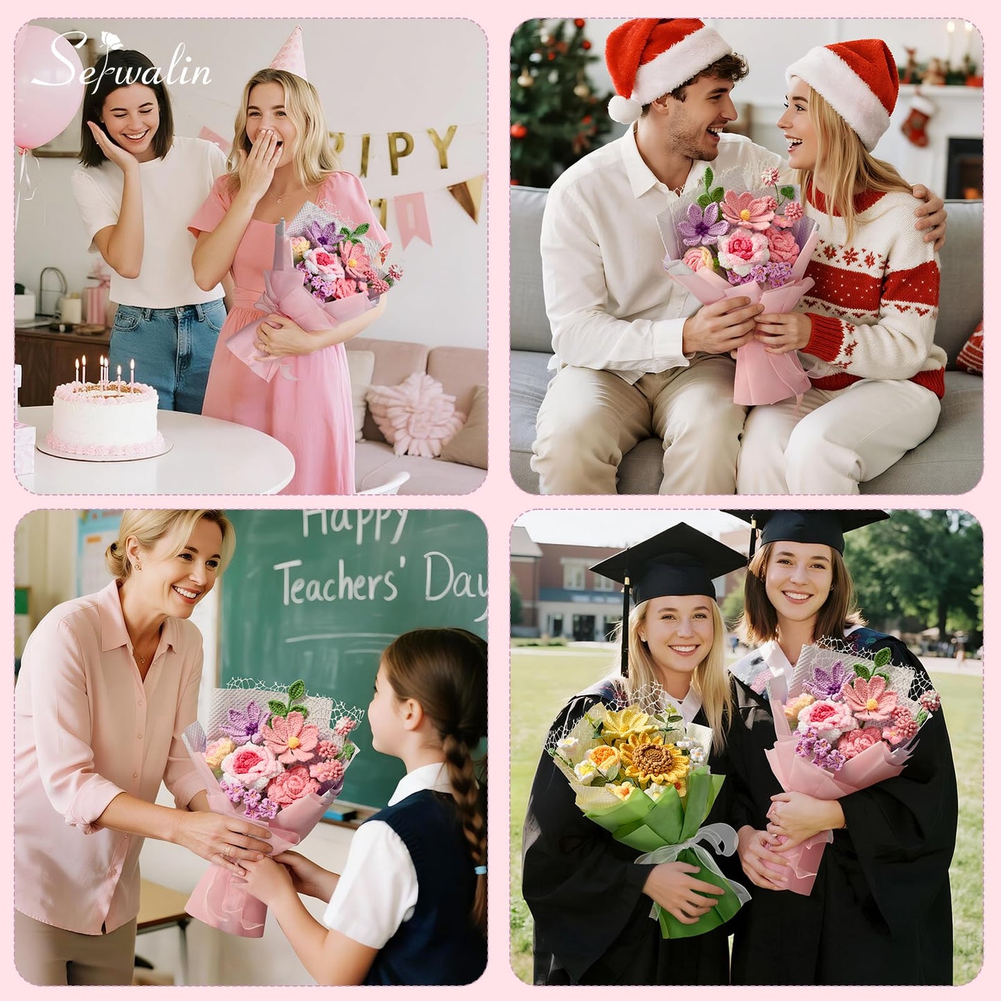 Serwalin Crochet Flower Bouquet,Pink Knitted Flowers,Roses Crochet Flowers for Mother’s Day Lover Wedding Anniversary Birthday Valentine Day Back-to-School or Graduation Ceremonies Gift (with Card)