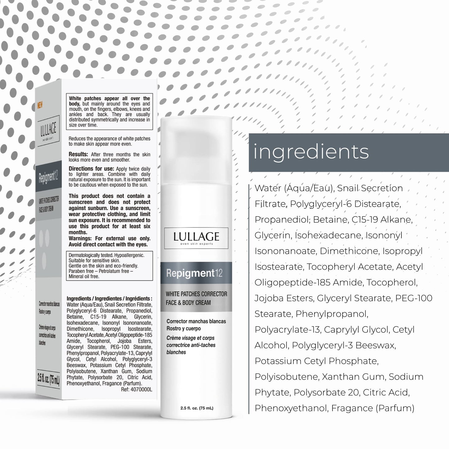 Lullage White Patches Corrector, Attenuate the Consequences of White Patches, Face and Body Cream, Repigment12 by Lullage (2.5 Fl Oz)
