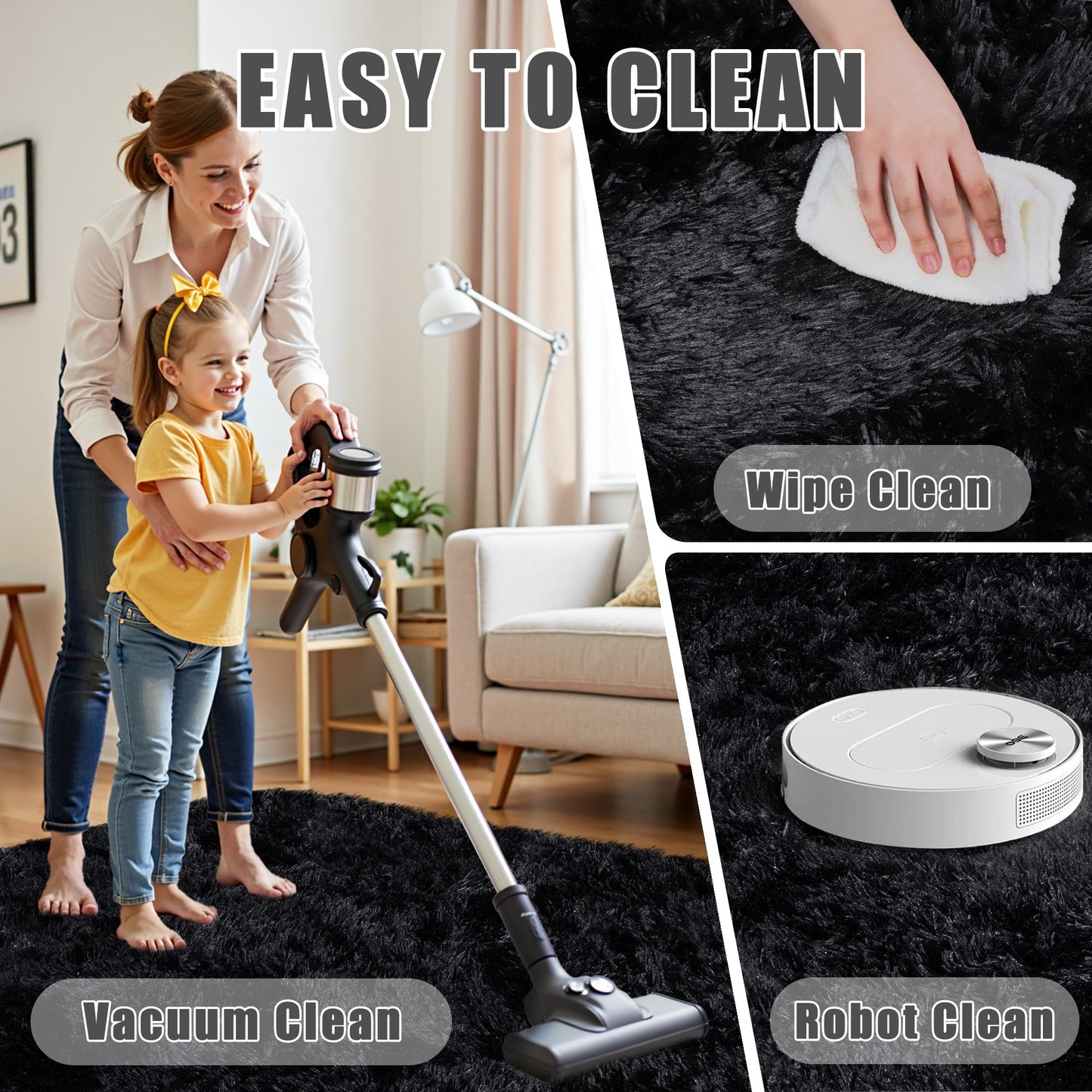 5x7 Area Rug for Living Room:Ultra Soft Fluffy Shag Black Rugs,Large Fuzzy Plush Indoor Non Slip Carpet Washable Rug for Bedroom Kids Nursery Office Dorm Modern Decor(Black 5'x7')