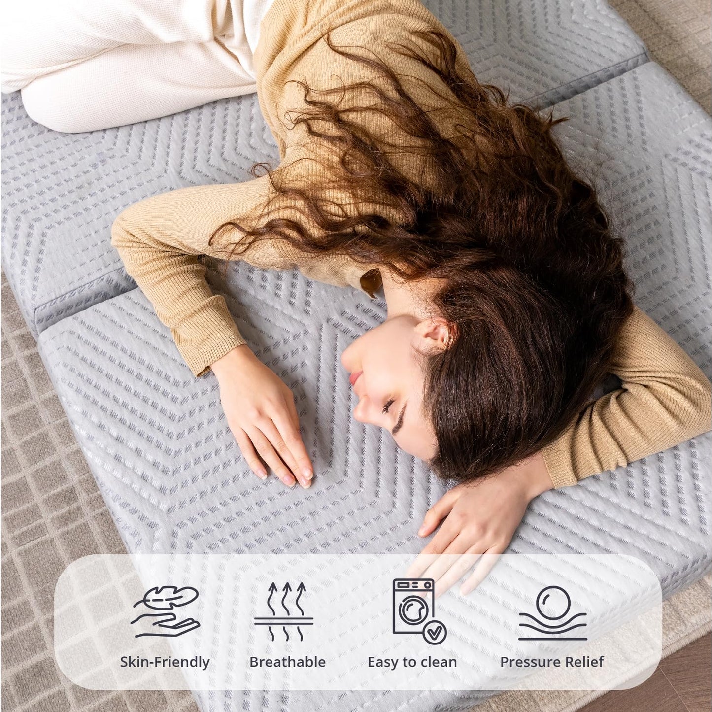 CH Charme House Folding Mattress, 4 Inch Single Tri Folding Memory Foam Mattress for Camping Guest Bed, Washable Cover & Non-Slip Bottom, 75" x 25" x 4", Grey