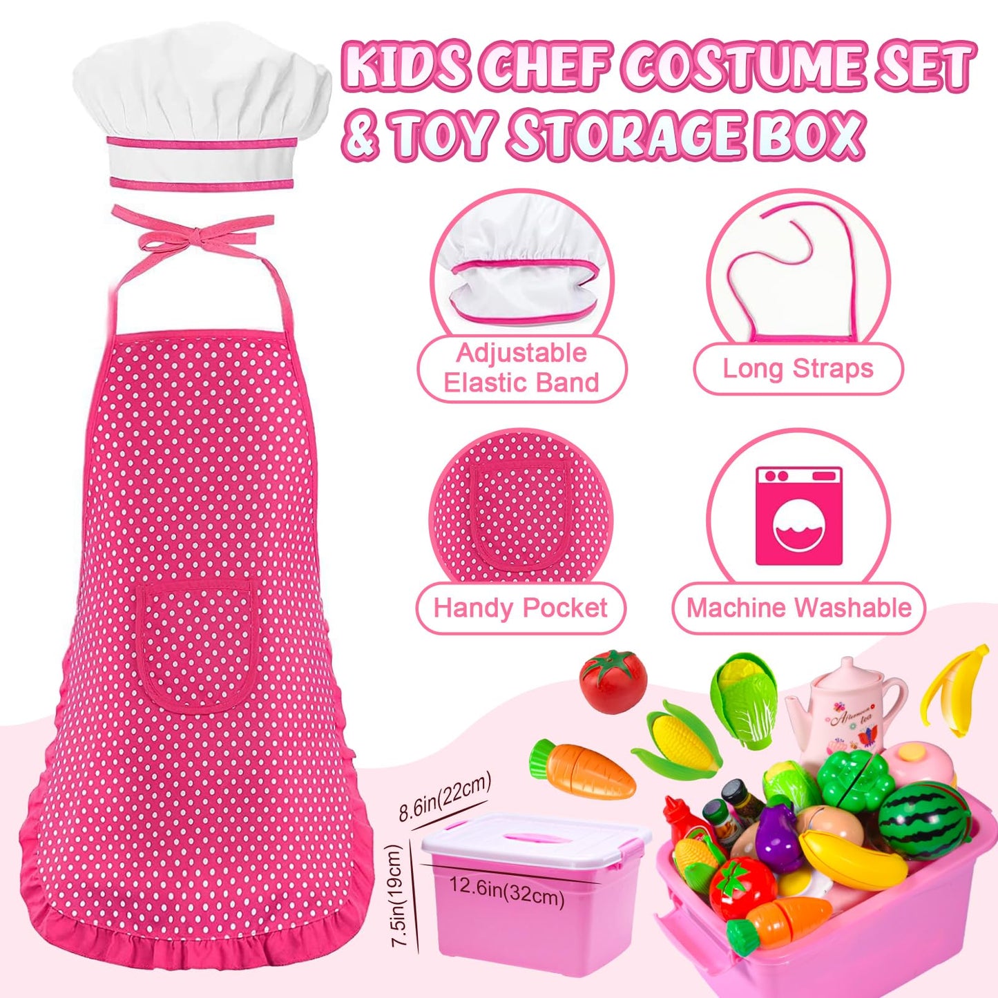 Aojieni 140Pcs Kids Kitchen Accessories, Pretend Play Food Tea Party Set, Toy Kitchen Kids Cooking Real with Apron & Chef Hat, Utensils Cookware Pots & Pans, Toy Organizer, Toddler Toys Gift
