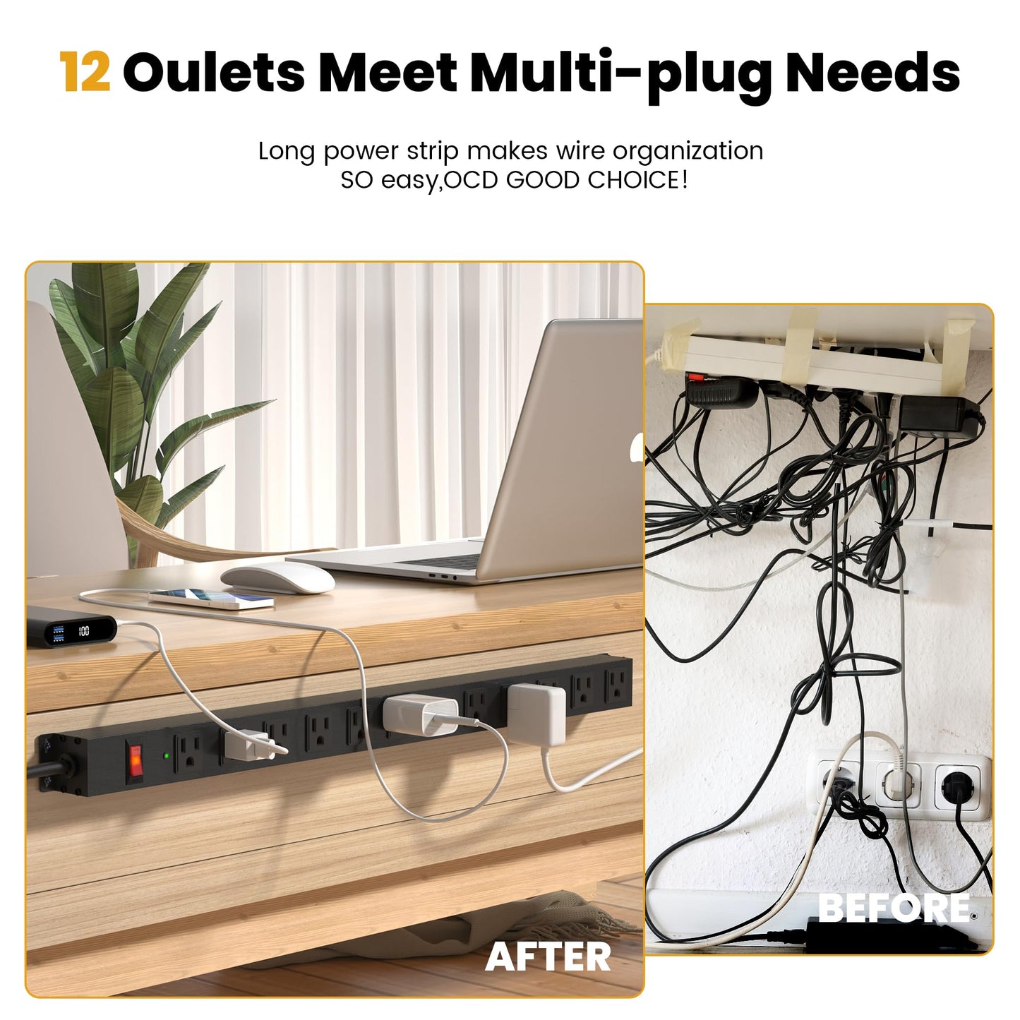 12 Outlet Long Power Strip Surge Protector with 2100 Joules, 6FT Power Cord, Wide Spaced Outlet Power Bar, Overload Protection Switch, Industrial Heavy Duty for Work Bench, Shop, Garage (Black)…