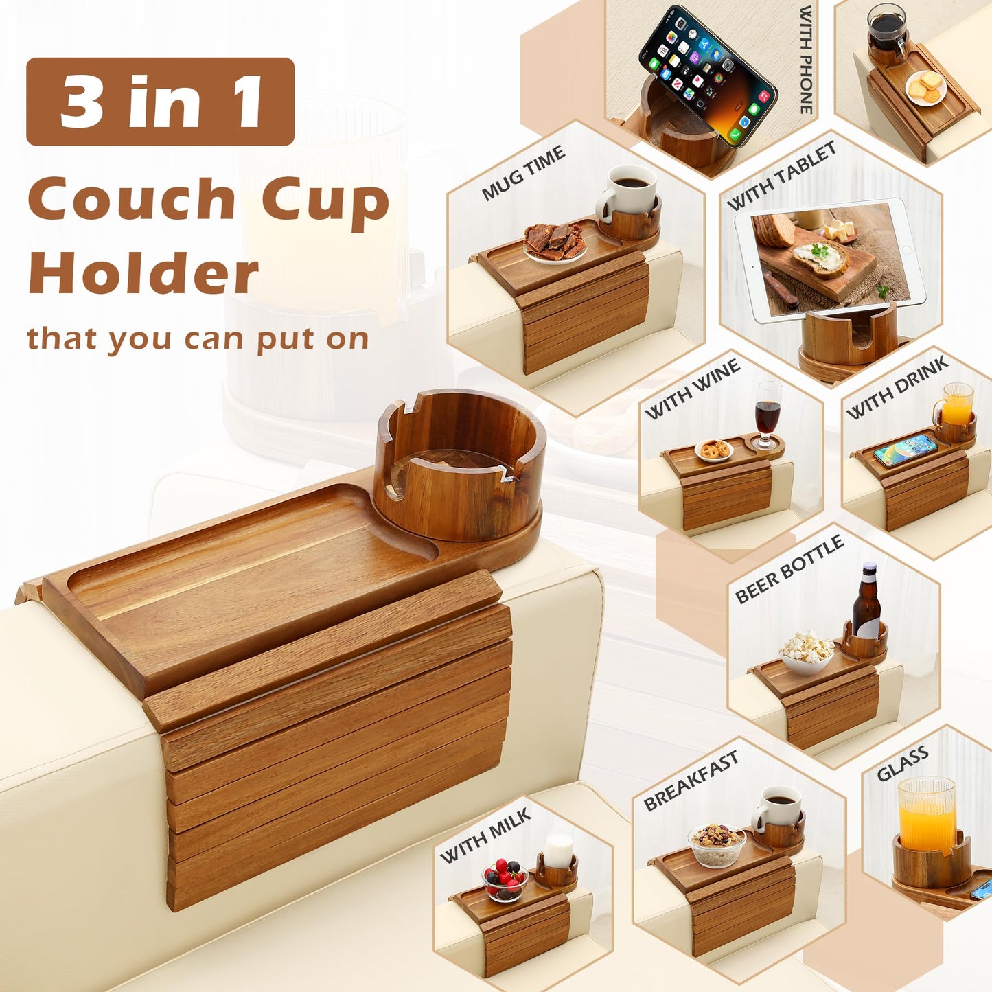 BAMTRAY Couch Cup Holder Tray, 15.75" Acacia Wood Couch Armrest Table, 3 in 1 Foldable Sofa Clip on Side Table with 360° Phone Stand, Armrest Tray for Coffee Snacks
