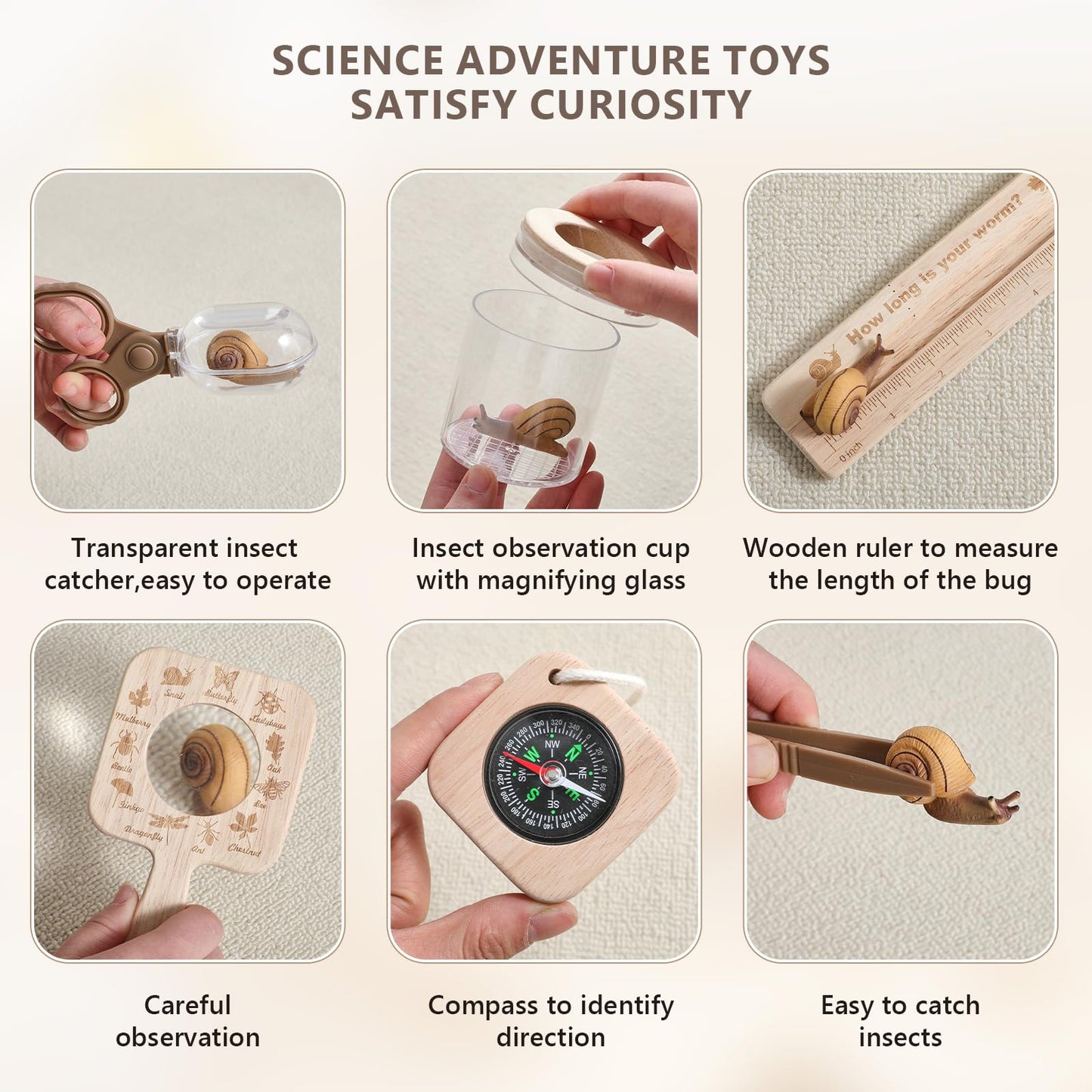 Macabaka Wooden Bug Catcher for Kids, 8-in-1 Insect Exploration Set with Butterfly Net, Magnifying Glass, Bug Habitat, Tweezers, Compass,Outside Toys for Toddlers