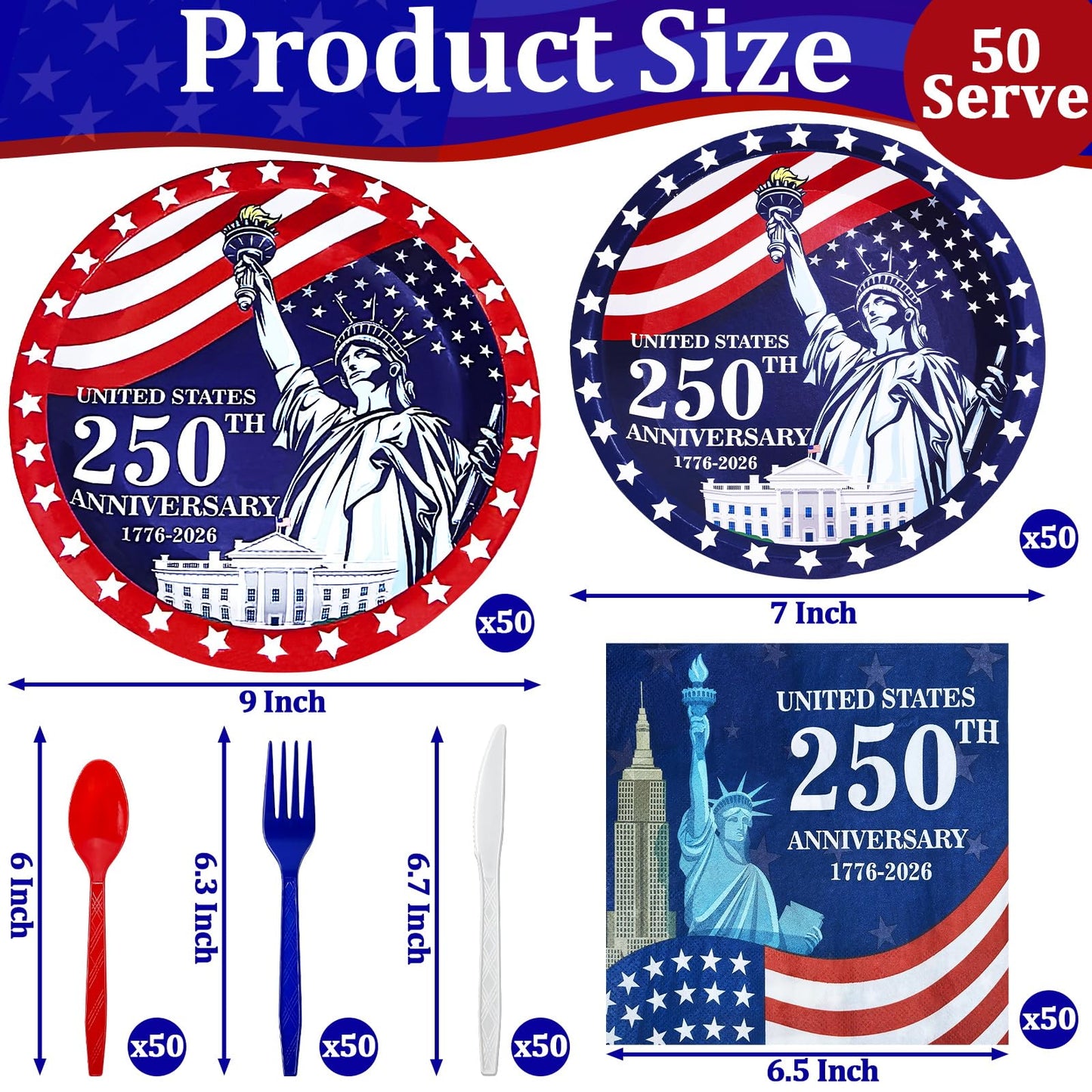 300 Pcs 250th Anniversary 4th of July Decorations American Flag Patriotic Party Supplies Set - Serve 50, 4th of July Disposable Paper Plates Napkins Cutlery Knives Forks Spoons Red White Blue Decor