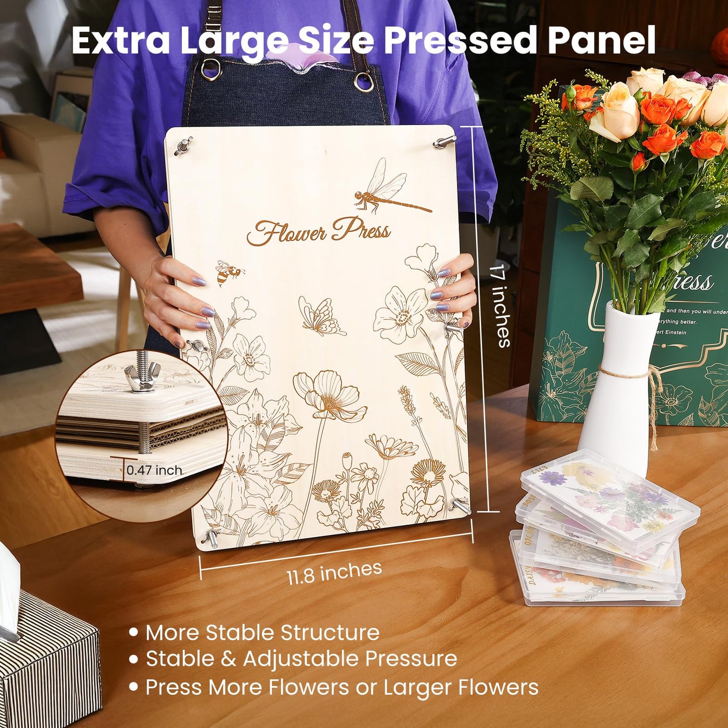 Aboofx Flower Press Kit, Craft Kits 17" x 11.8" 5-Layers Wooden Flower Pressing Kit for Crafts Pressed Flowers and Plant for DIY Art, Preservation for Bookmark Frame Wedding Drying