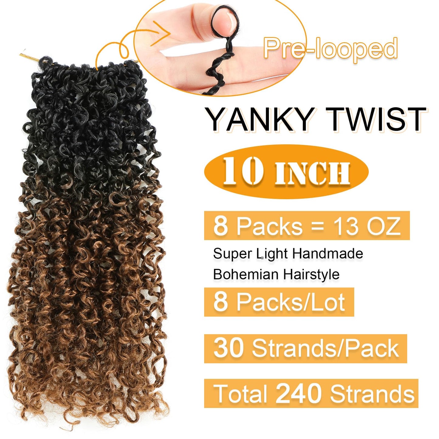 Aksice 10 Inch Yanky Twist Crochet Hair Pre-looped 8 Packs Ombre Brown Spring Twists Hair Senegalese Twist Crochet Hair with Curly Ends Synthetic Crochet Braids (1B/30#)