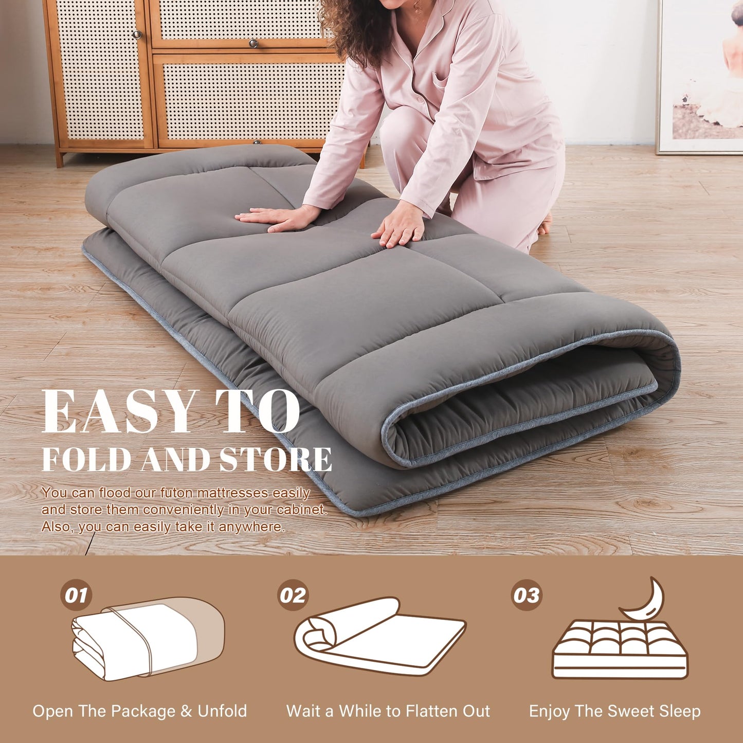 WhatsBedding Japanese Floor Mattress Futon Mattress 3" Grey Tatami Mat Shredded Memory Foam Filled Sleeping Pad, Foldable & Portable Roll Up Lounger Camping Bed,39"x 80" Twin Size