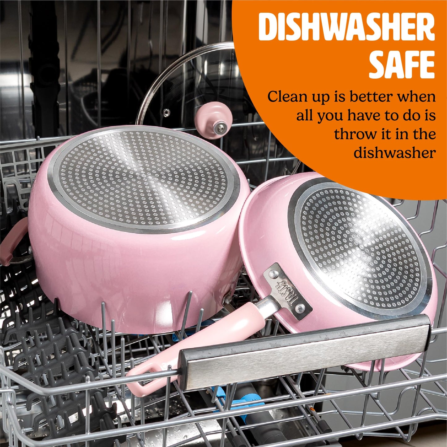 Tasty Clean Ceramic Non-Stick Aluminum Cookware Set, Tempered Glass Lid, Dishwasher Safe, 16-Piece, Pink