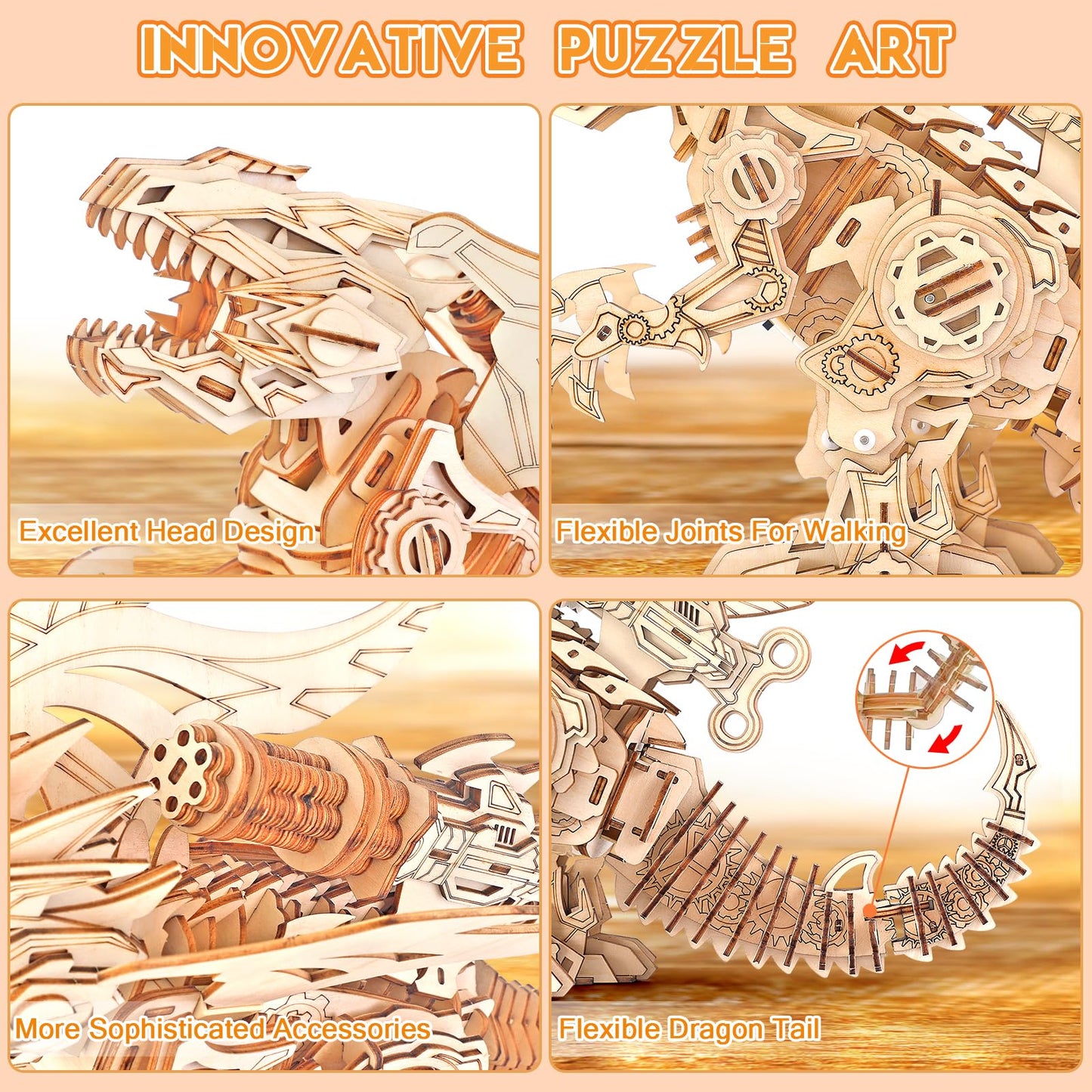 3D Wooden Puzzles for Adults, Building Sets Walking and Roaring Dragon Wooden Model Kit - DIY Mechanical Dragon Puzzle Gifts for Adults, Gifts for Men with Lifelike Walk