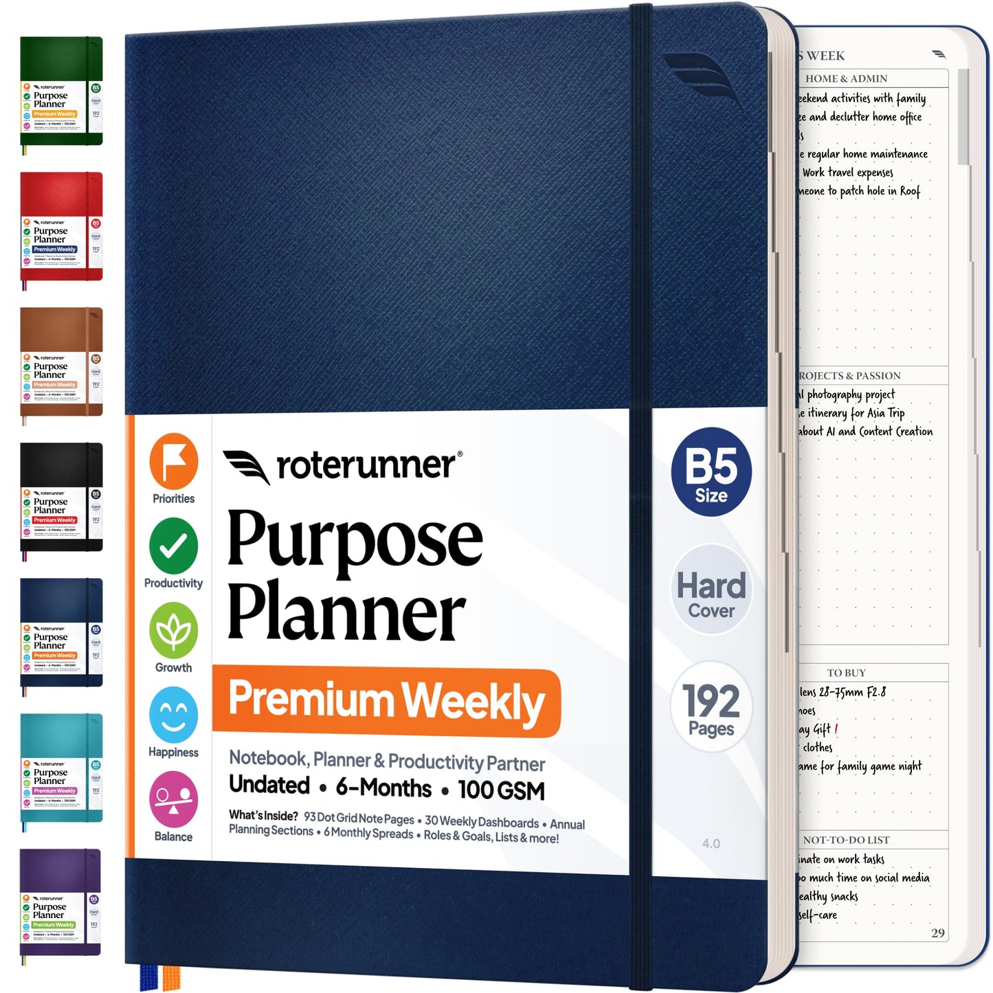 Roterunner Purpose Planner Notebook B5 7.5”x9.8” Undated Planner 2026 Daily Weekly and Monthly Productivity Goal Setting Tool for Work Home ADHD Planner for Adults Self Care Journal