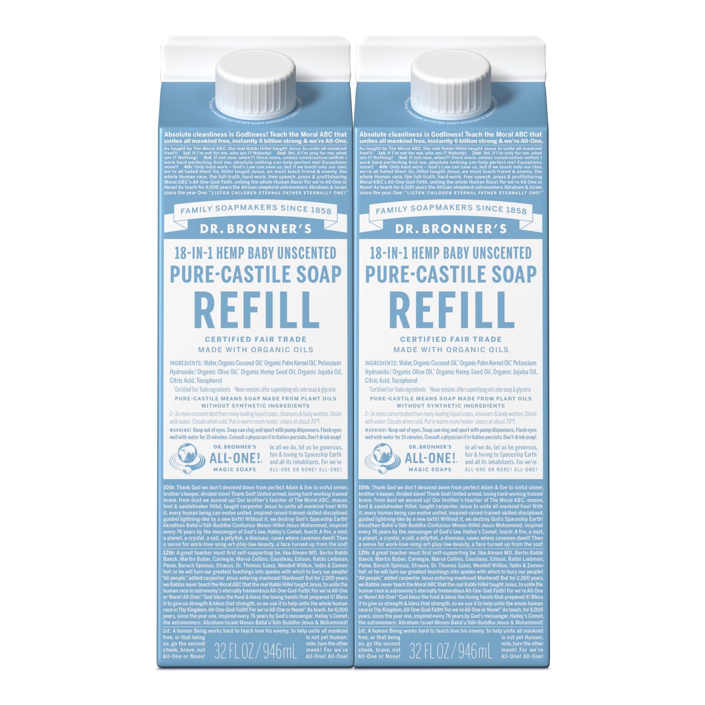 Dr. Bronner's Pure-Castile Liquid Soap Refill (Baby Unscented 32oz, Pack of 2)