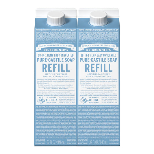 Dr. Bronner's Pure-Castile Liquid Soap Refill (Baby Unscented 32oz, Pack of 2)