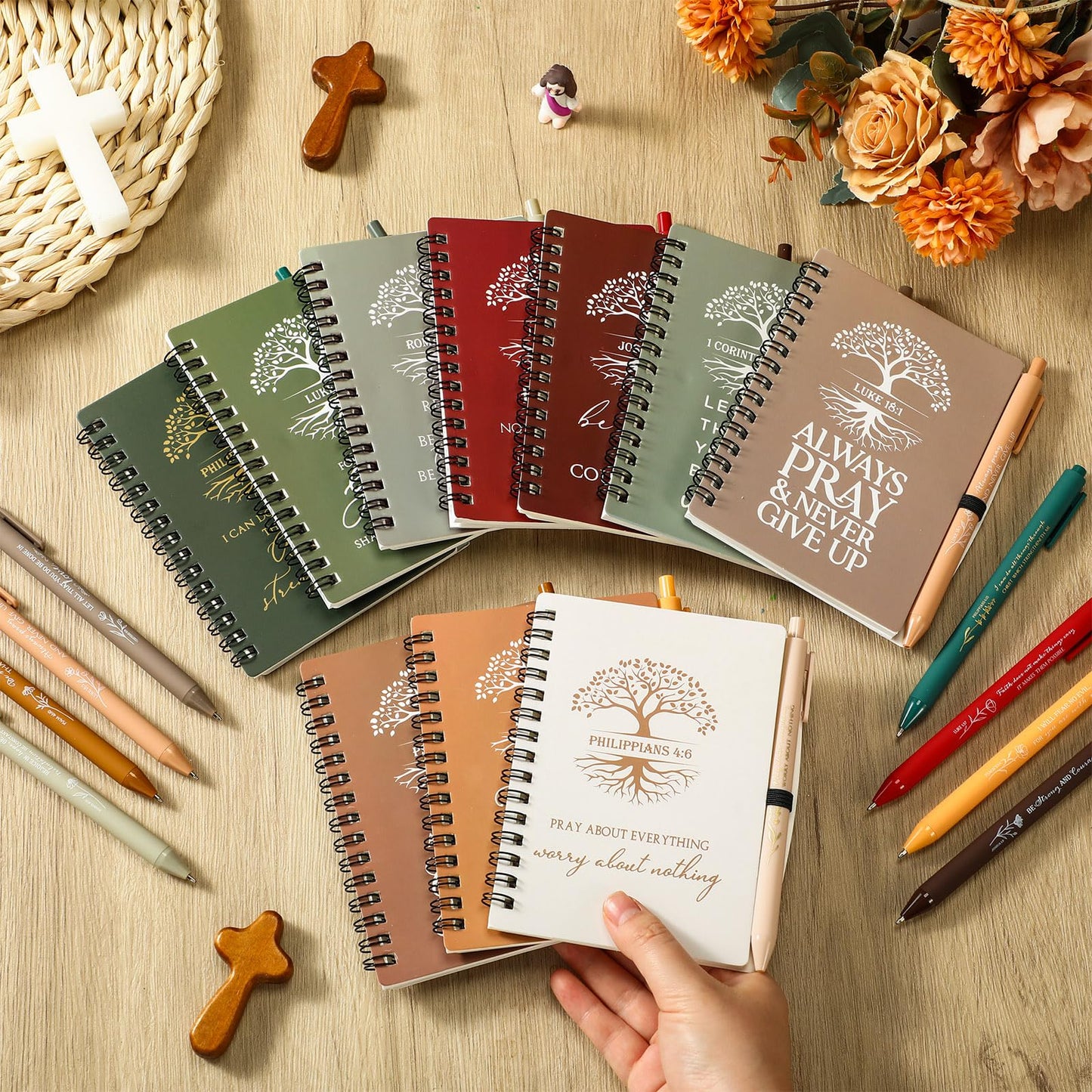 Kosiz 80 Pcs Fathers Day Christian Gifts Bulk Prayer Journal Bible Verse Religious Spiral Notebook with Pen Tree of Life Scripture Notepad Church Gifts for Women Men Bible Study Group (Vivid Color)