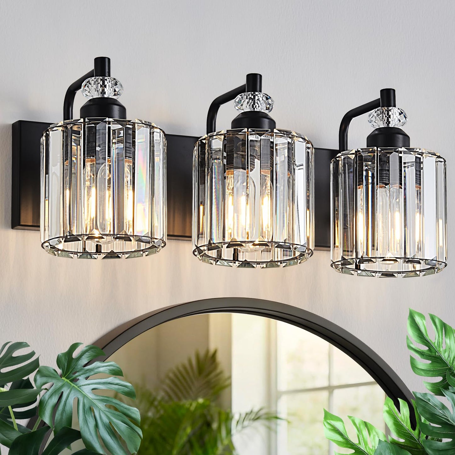 Zqoyn 3-Light Black Bathroom Light Fixtures Over Mirror Modern Vanity Lights Crystal Wall Sconce Vintage Bathroom Lighting with Crystal Shade E26 Base for Bedroom, Living Room, Hallway
