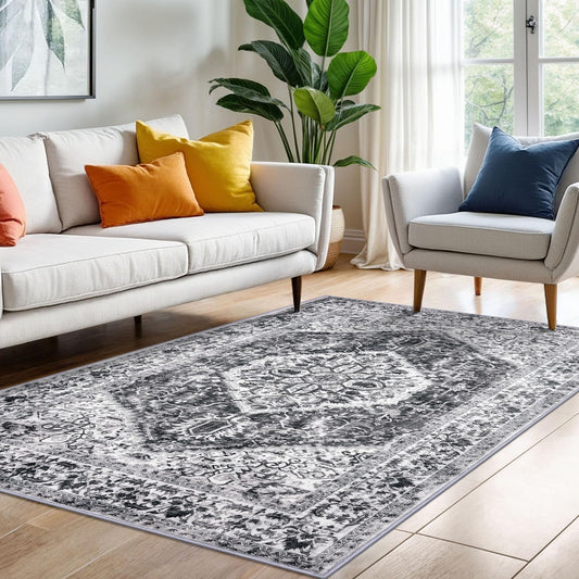 KOZYFLY Area Rug 4x6 Ft Washable Rugs for Entryway Non Slip Kitchen Mats for Floor Rugs for Living Room Printed Faux Wool Vintage Throw Rug for Entrance Bedroom Kitchen Living Room, Grey