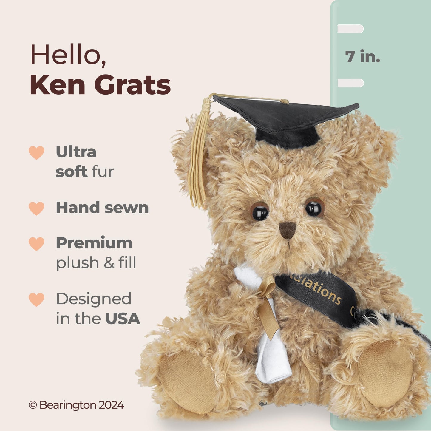 Bearington Collection Ken Grats Graduation Plush Teddy Bear Stuffed Animal, Black Cap, 7 Inch