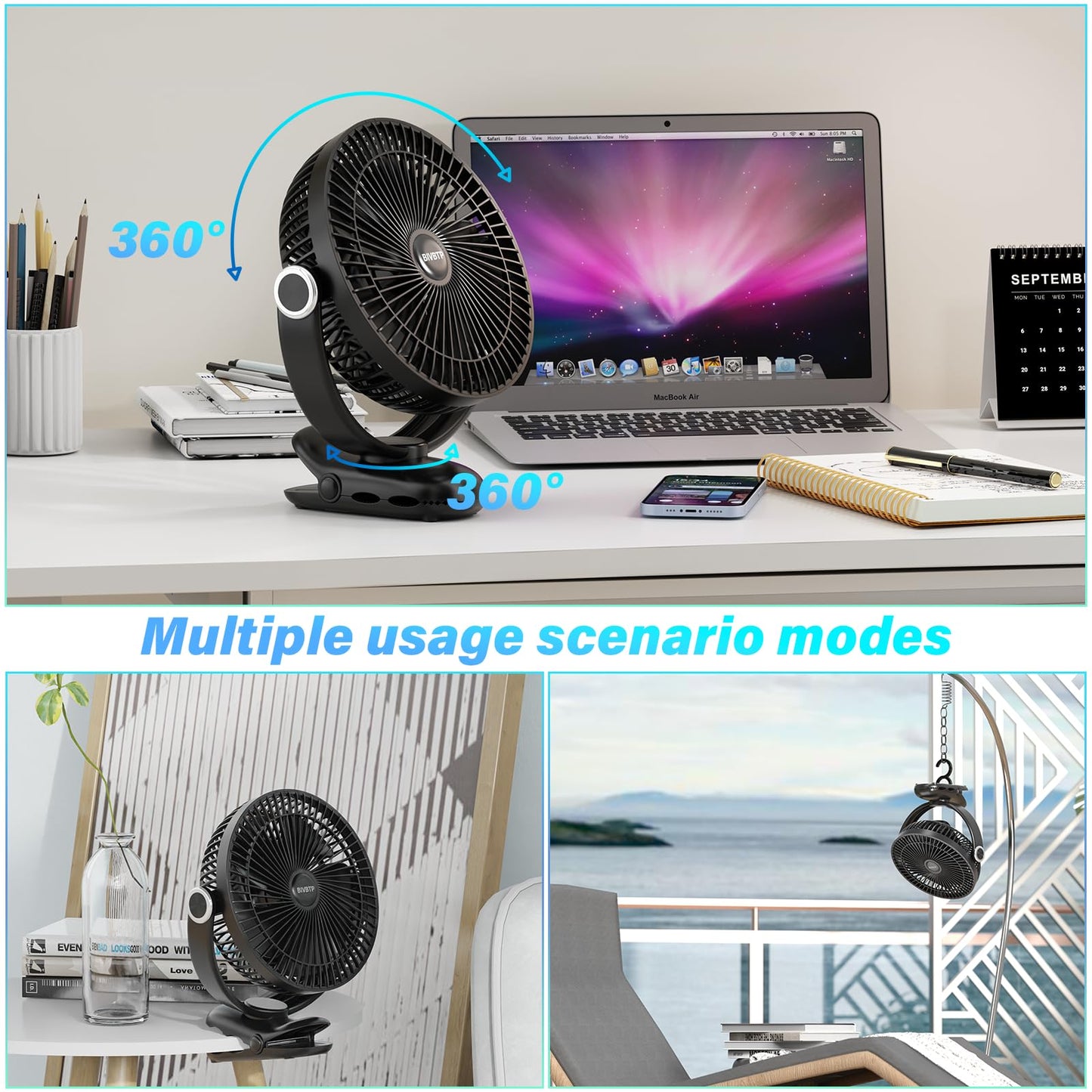 BIVBTP 12000mAh Clip on Fan 30H Longest Runtime, 8in Portable Fan Rechargeable, Ultra Quiet with Heavy-Duty Clamp, USB Desk Fans for Golf Cart,Office Desk, Treadmill, Camping, Bedroom