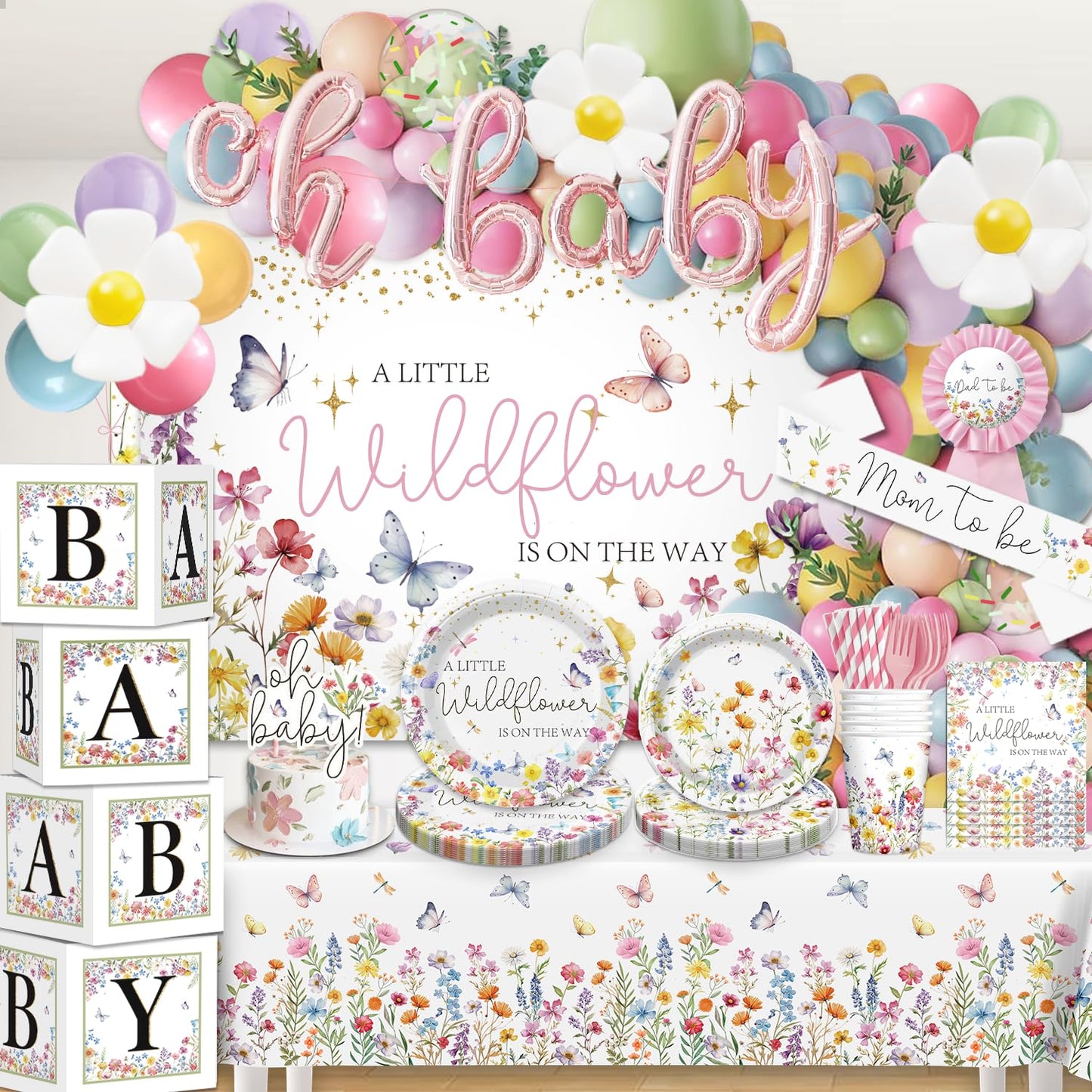 Wildflower Baby Shower Decorations for Girl, All-in-One Set A Wildflower is on the Way Baby Shower Decor, Balloon arch Cake Topper Tableware Balloon Box Backdrop Sash Corsage, Etc