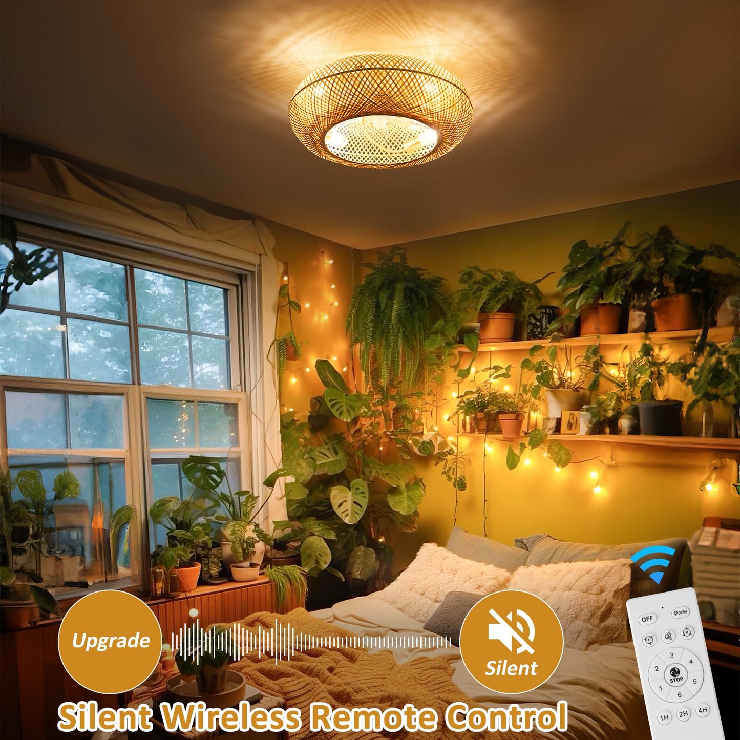 20" Boho Ceiling Fans with Lights and Remote Control,Rattan Caged Flush Mount Ceiling Fan with Light, Enclosed Timing 6 Speeds Reversible for Living Room Bedroom Dining Room