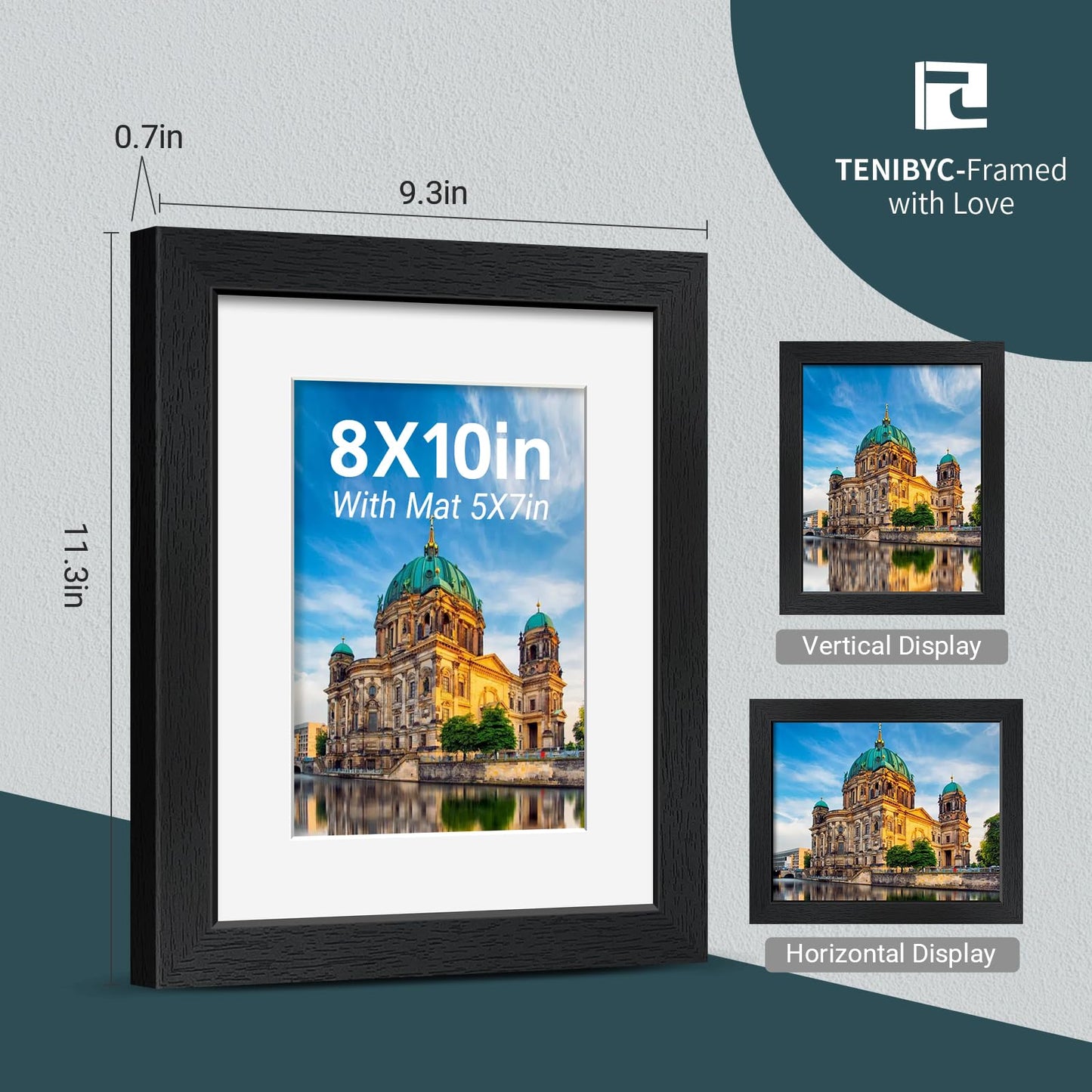 TENIBYC 8x10 Picture Frame Set - 4 Pack, Black Wood Photo Frames - Tempered Glass - Displays Photos 5x7 with Mat or 8 x 10 without - Room, Office, Gallery, Studio, and Hallway Decor - Wall Hanging