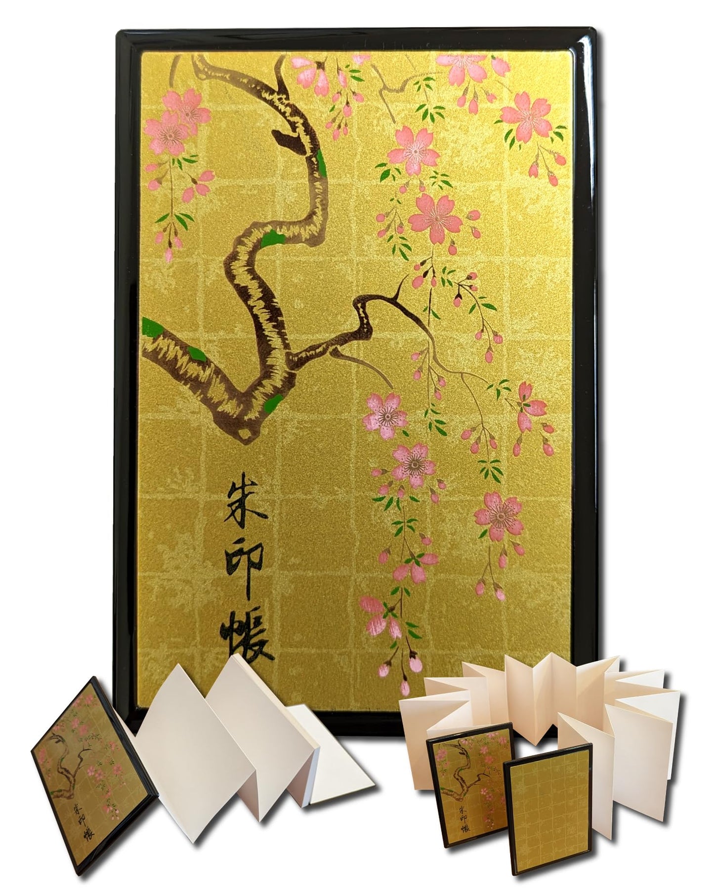 Japanese Goshuincho Stamp Book [Accordion Style] - Authentic Handmade Japanese Paper Notebook for Japan Travel Essentials, Temple & Shrine Stamps, Journal & Keepsake Gift (Sakura Black 48pages)