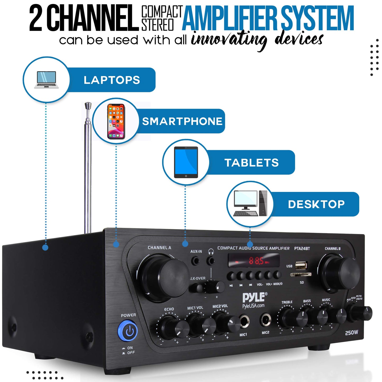 Pyle -Upgraded- 2 Channel Karaoke Home Audio Amplifier w/Bluetooth for Streaming, AUX-in, USB, 2 Microphone Input w/Echo Effect, Talkover for PA, Compact Footprint, Black