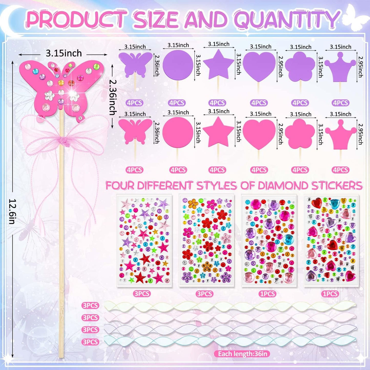 Juexica 48 Pcs DIY Princess Fairy Wands Kit Include Fairy Wands, Gems Stickers, Ribbons, Unfinished Make Your Own Wooden Princess Wand Kit for Birthday Party Supplies Craft Gifts