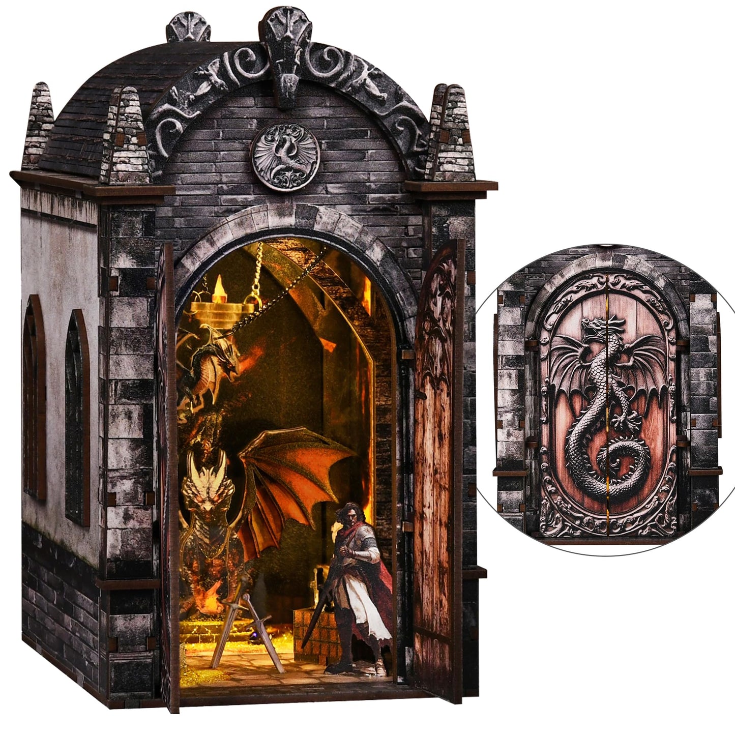 Soothee DIY Book Nook Kit with LED Lights - 3D Puzzles for Adults & Teens, Miniatures for Bookshelf Decor, Relaxing Craft & Unique Gift for Craft Lovers (Dragon's Den)