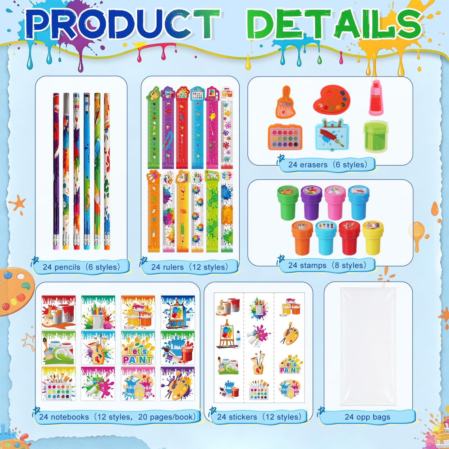 Pajean 168 Pcs Art Paint Party Favors Decorations – 24 Set Art Mini Notebooks Notepads, Pencils, Stamps, Large Stickers Stationery Paint Splatter Birthday Party Favors Supplies Artist Goodie Bag Gift