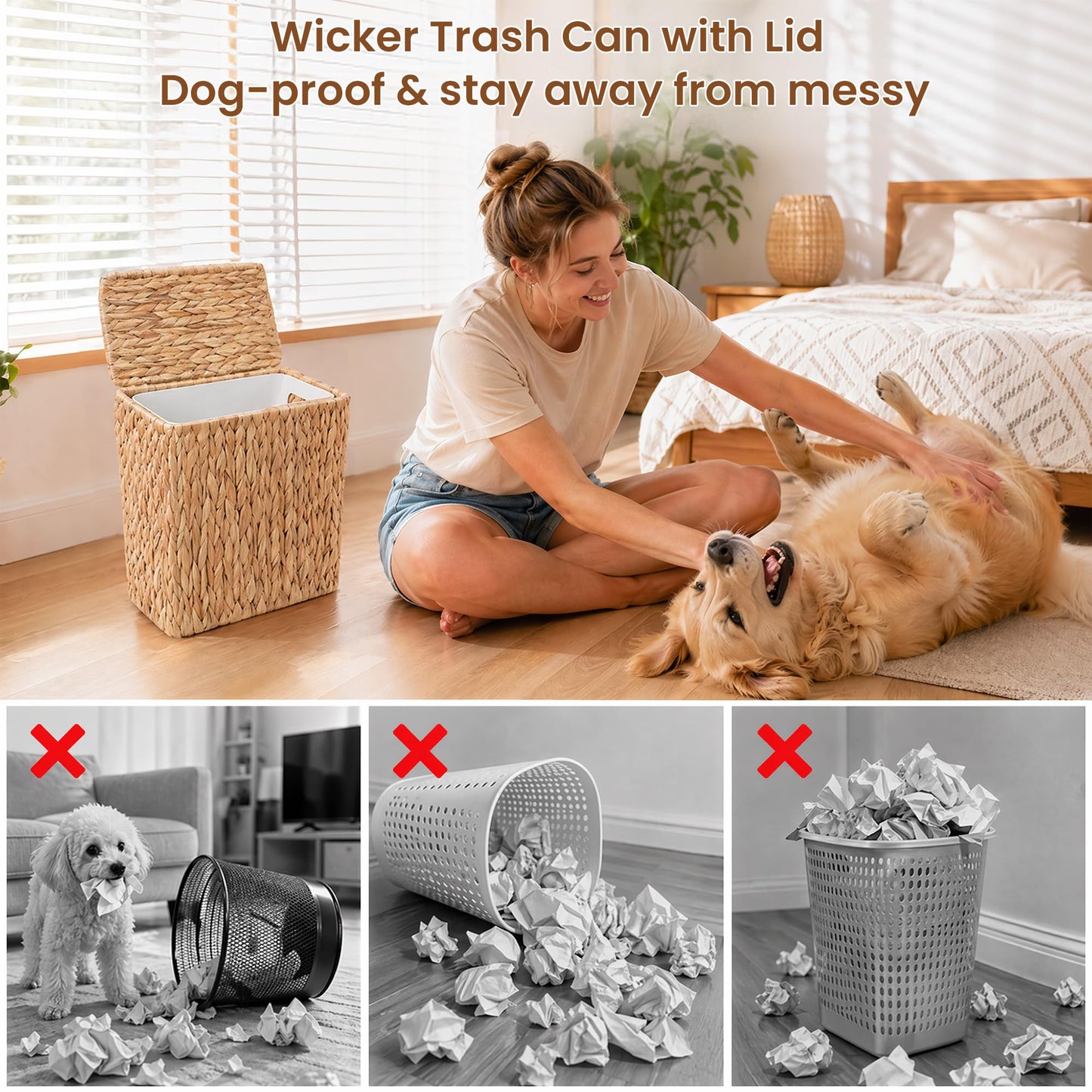 Felthrith Wicker Trash Can,3 Gallon Bathroom Trash Can with Lid,Handwoven Water Hyacinth Rattan Waste Basket with Removable Liner and Built-in Handles for Bedroom,Toilet,Narrow Spaces