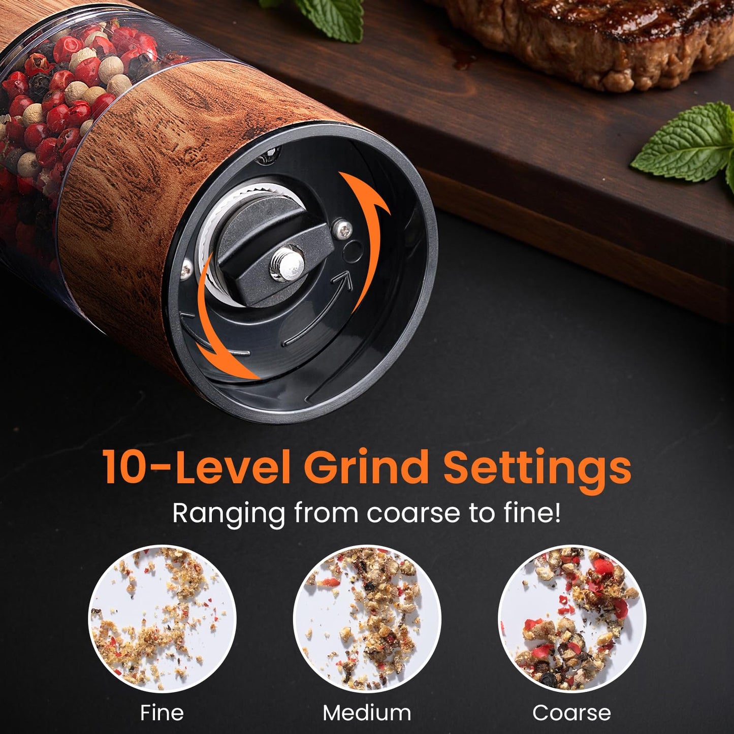 Electric Salt and Pepper Grinder Set Rechargeable – Automatic Salt and Pepper Shakers with Adjustable Coarseness, LED Light, One-Hand Operation Salt and Pepper Shakers Set (Wood Grain)
