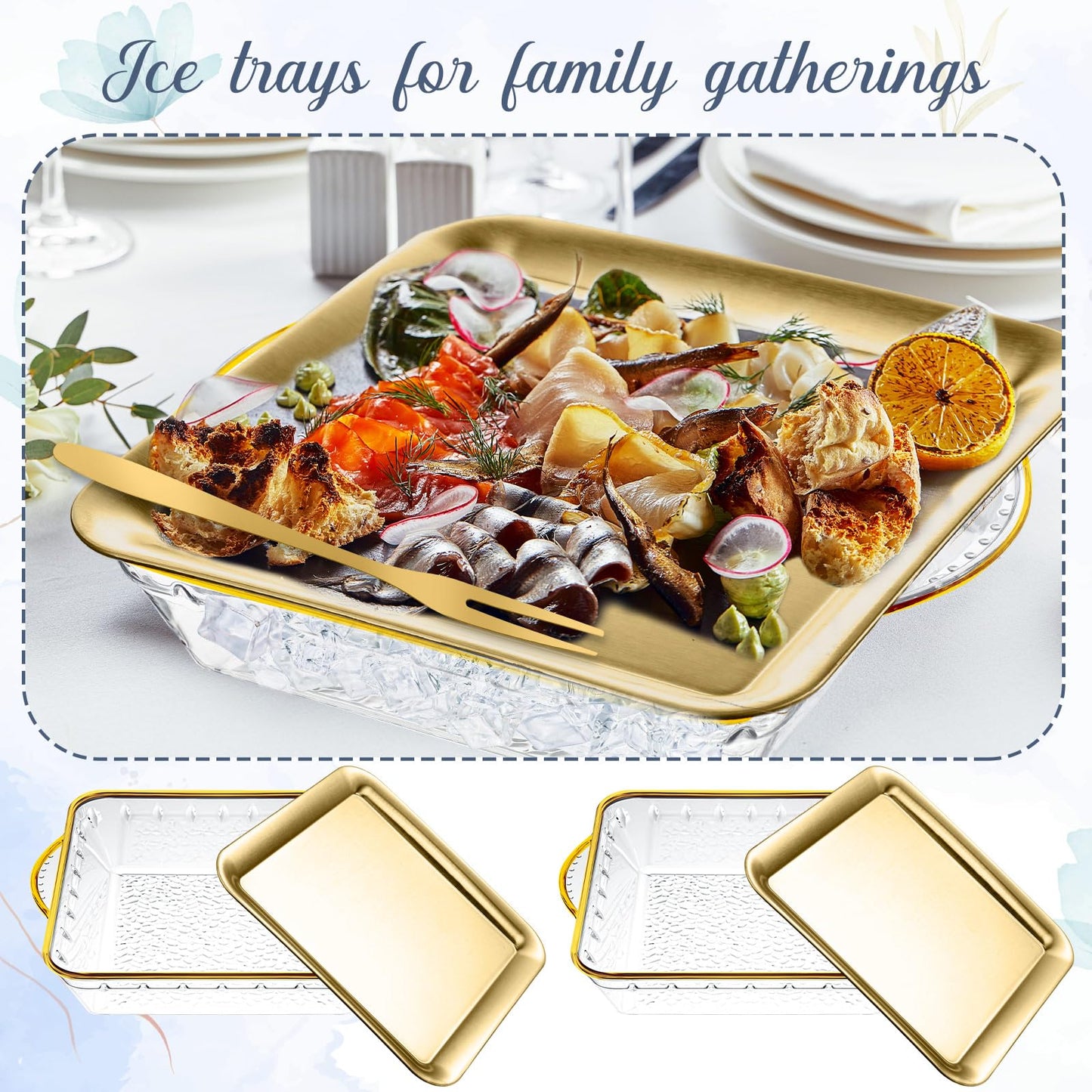 Baderke 4 Set 9" Chilled Serving Tray for Parties with Compartments Ice Chilled Party Platter Charcuterie Serving Board Cold Dish Dip with Forks Tongs for Fruit Seafood Vegetable Appetizer(Gold)
