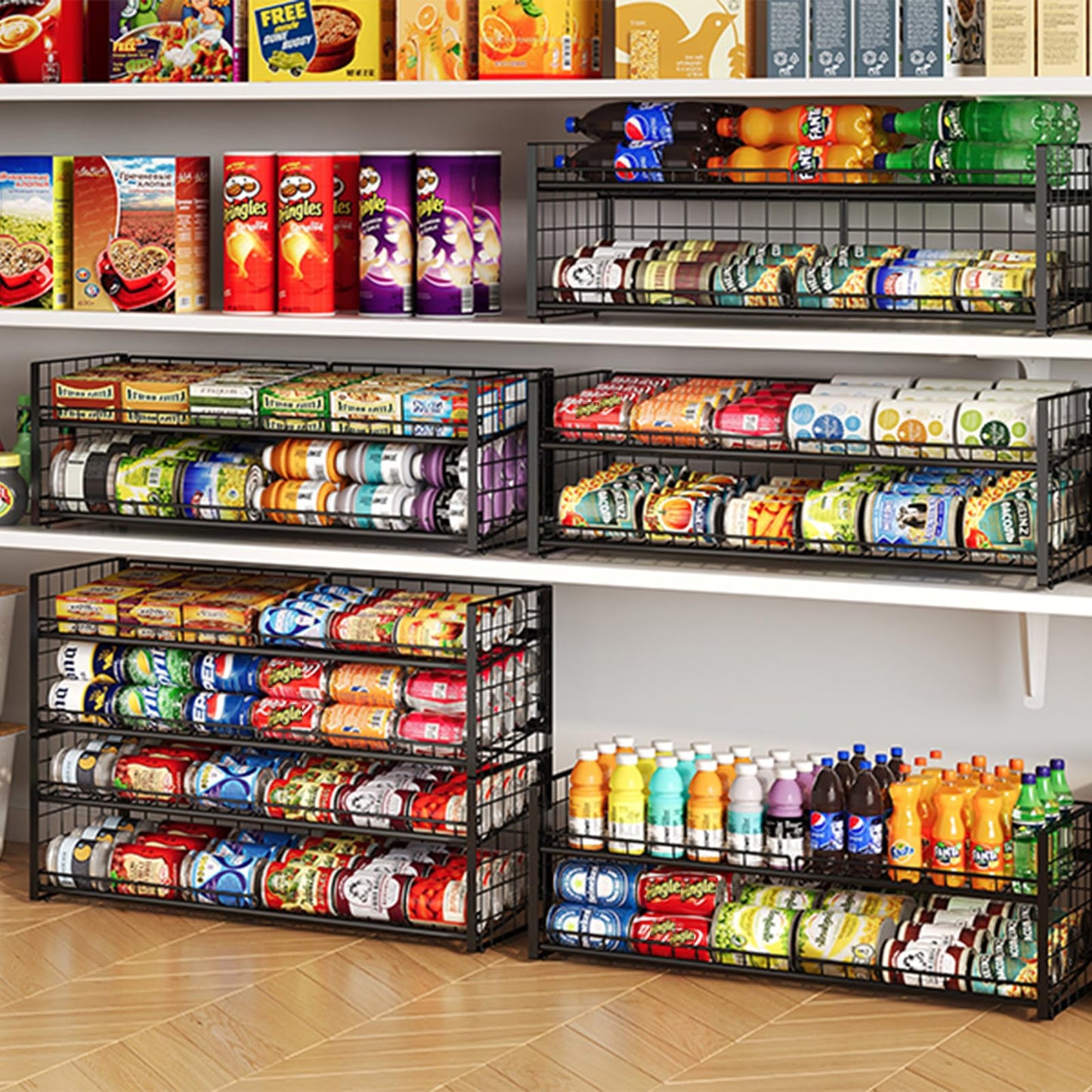 2-Pack Stackable Can Organizer for Pantry Shelf, Adjustable Extra-Long Rolling Can Rack for Kitchen Cupboard Storage, Sturdy Standing Can Holder for Canned Food Goods Soda up to 100, 2 Tier, Black