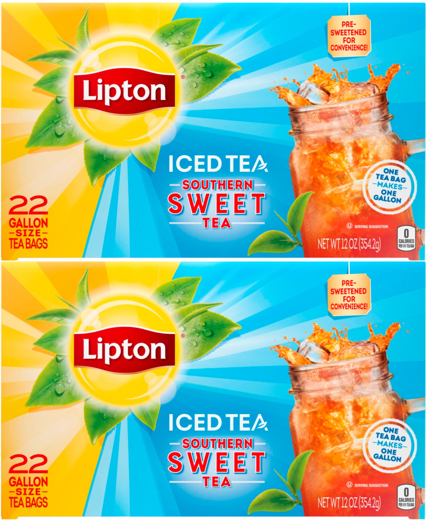 Lipton Southern Sweet Tea, Gallon-Size Tea Bags, 22 Count Box (Pack of 2)