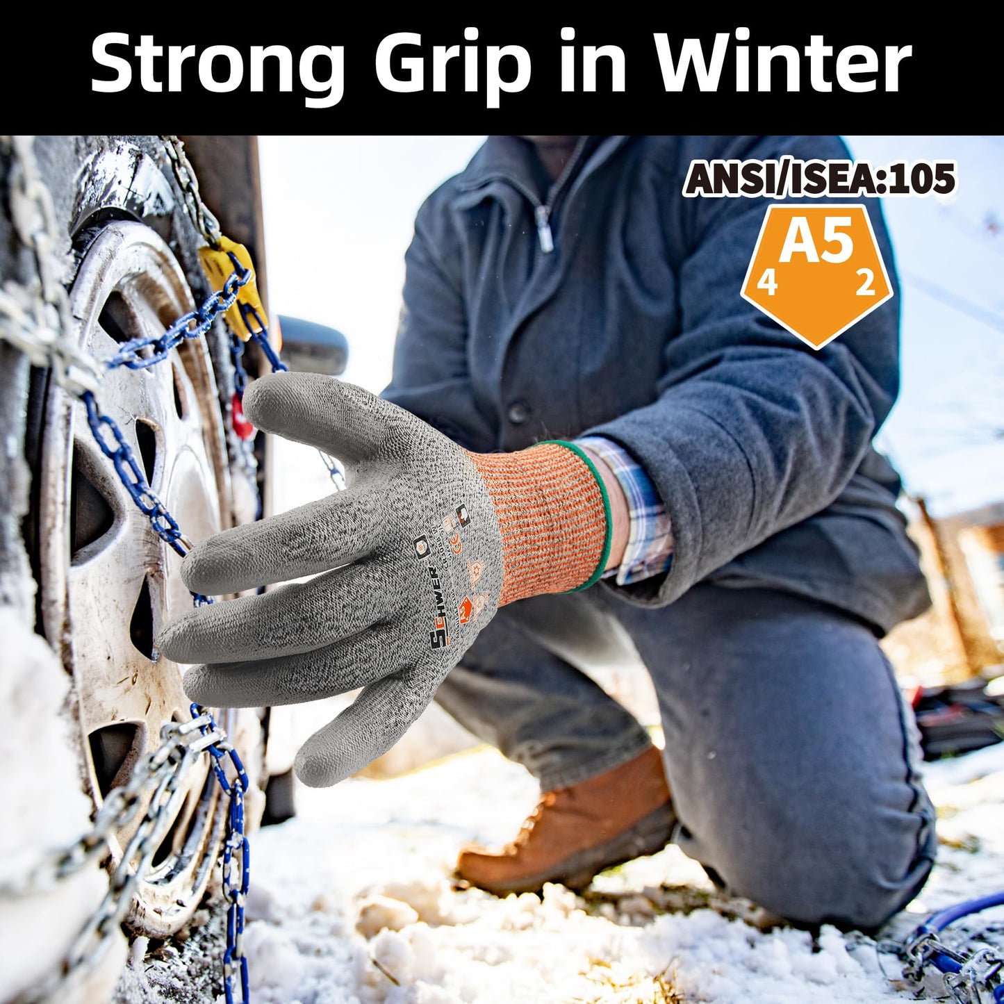 Schwer 12 Pairs Winter Work Gloves, ANSI A5 Cut Resistant Gloves with PU Coating, Freezer Glove for Outdoor Cold Weather, Thermal Insulated, Non Slip, Durable, L, CR3088-W