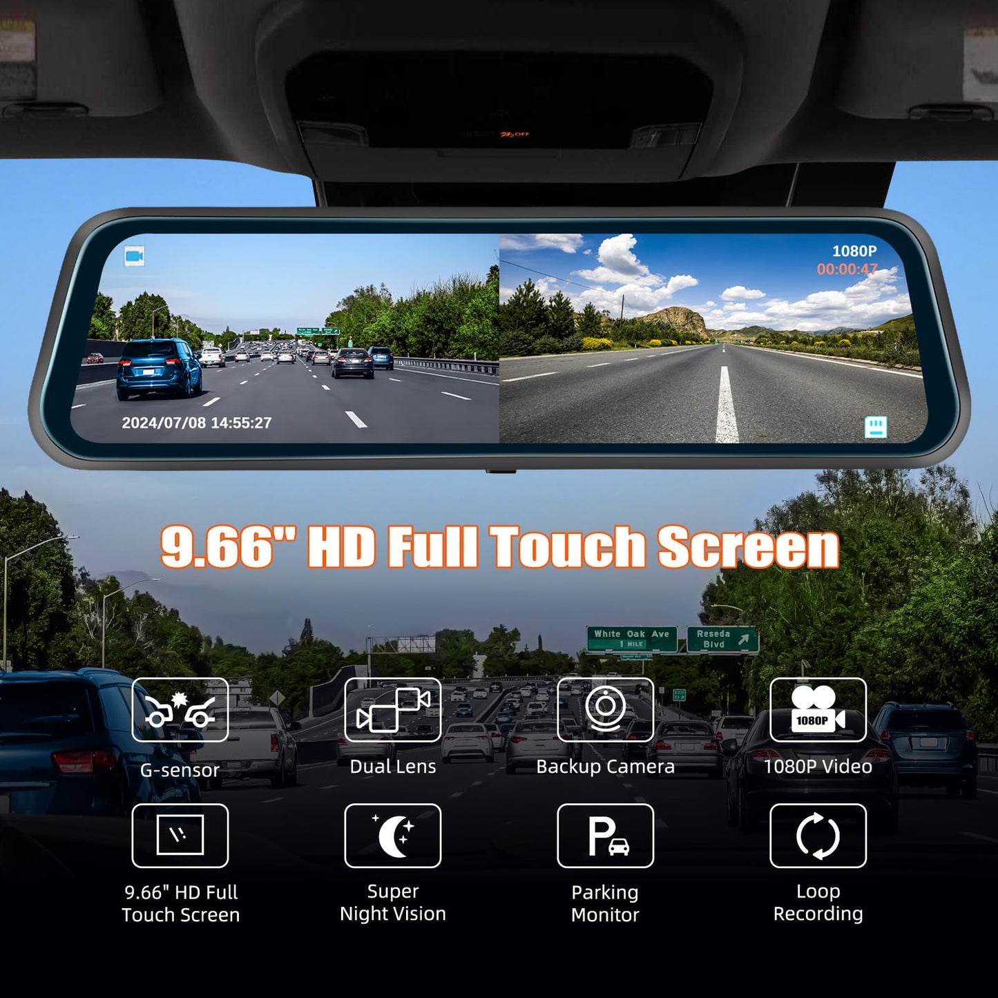 9.66" Mirror Dash Cam,1080P Touchscreen Rear View Mirror Front and Rear View Dual Cameras,Super Night Vision,G-Sensor,Loop Recording,Parking Assistance,24H Parking Monitor,HD Waterproof Backup Camera
