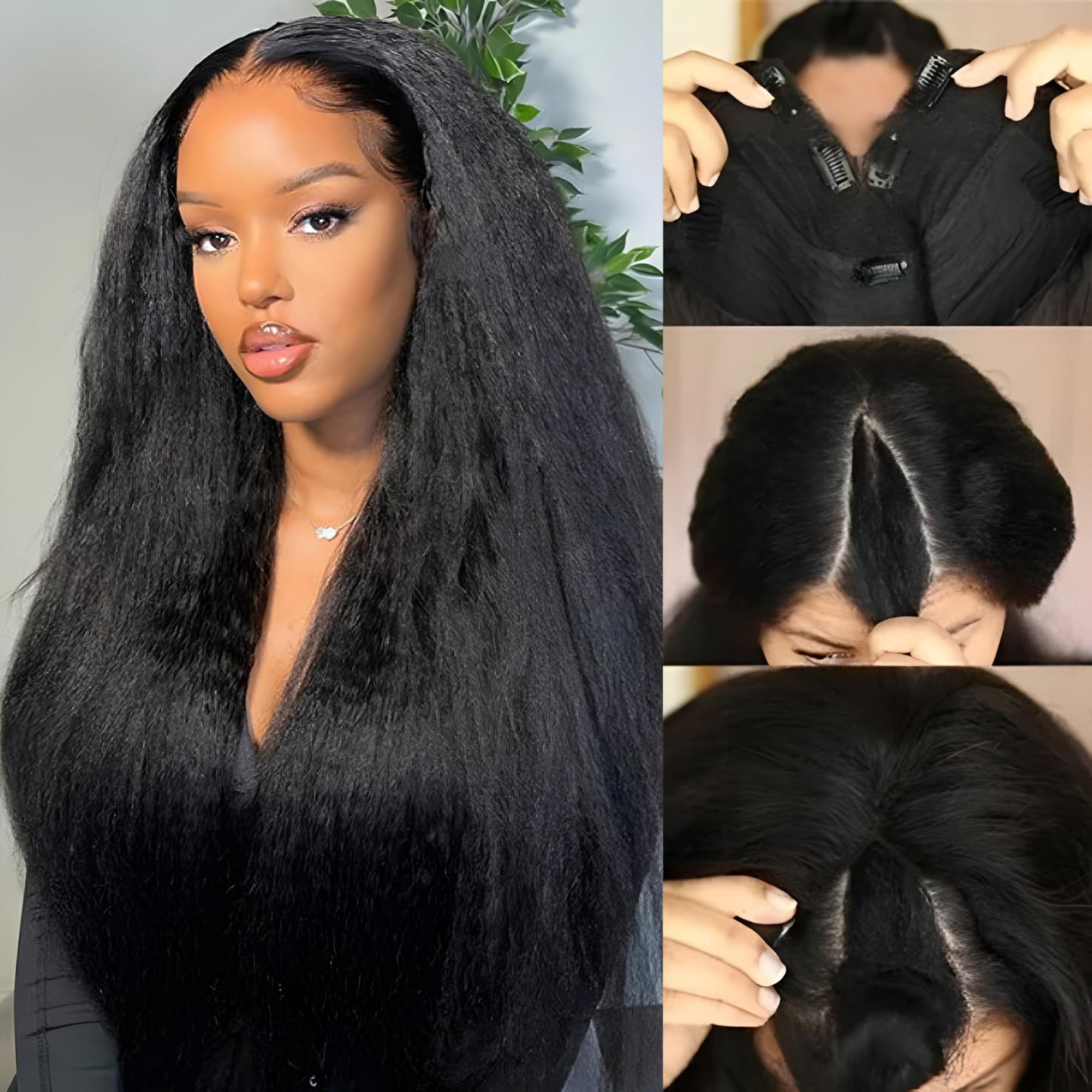 Prtyopp V Part Wig Human Hair Kinky Straight Vpart Human Hair Wig Upgrade U Part Wig Yaki Straight Clip in Half Wigs for Black Women Human Hair Glueless No Leave Out 180% Density Natural Color 16 Inch