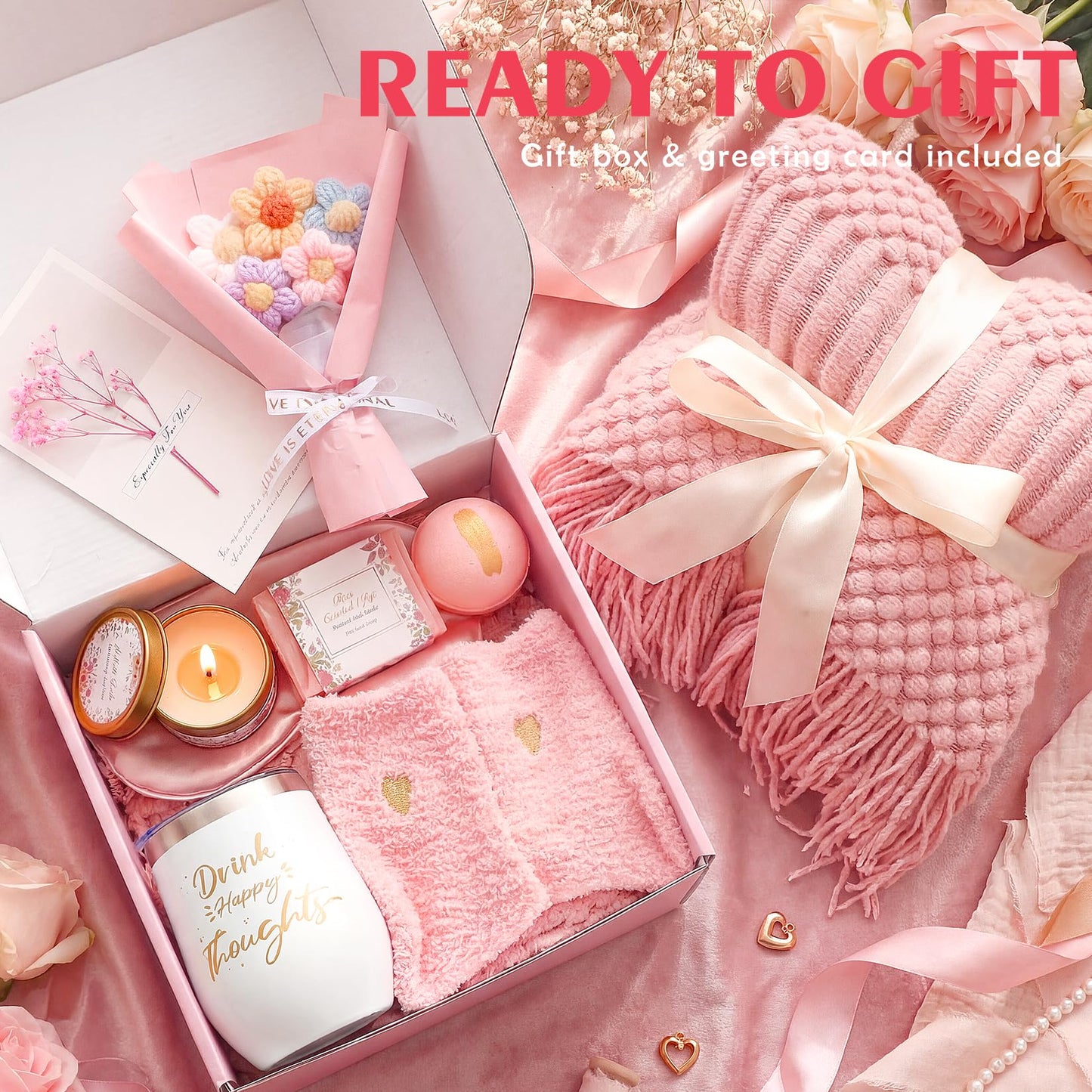 Birthday Gifts for Women,Mothers Day Gifts for Mom,Valentines Day Gift for Her,Self Care Spa Gift Basket with Blanket Candle Bath Bomb,Relaxing Spa Set,Get Well Package,for Mom Wife Sister Best Friend