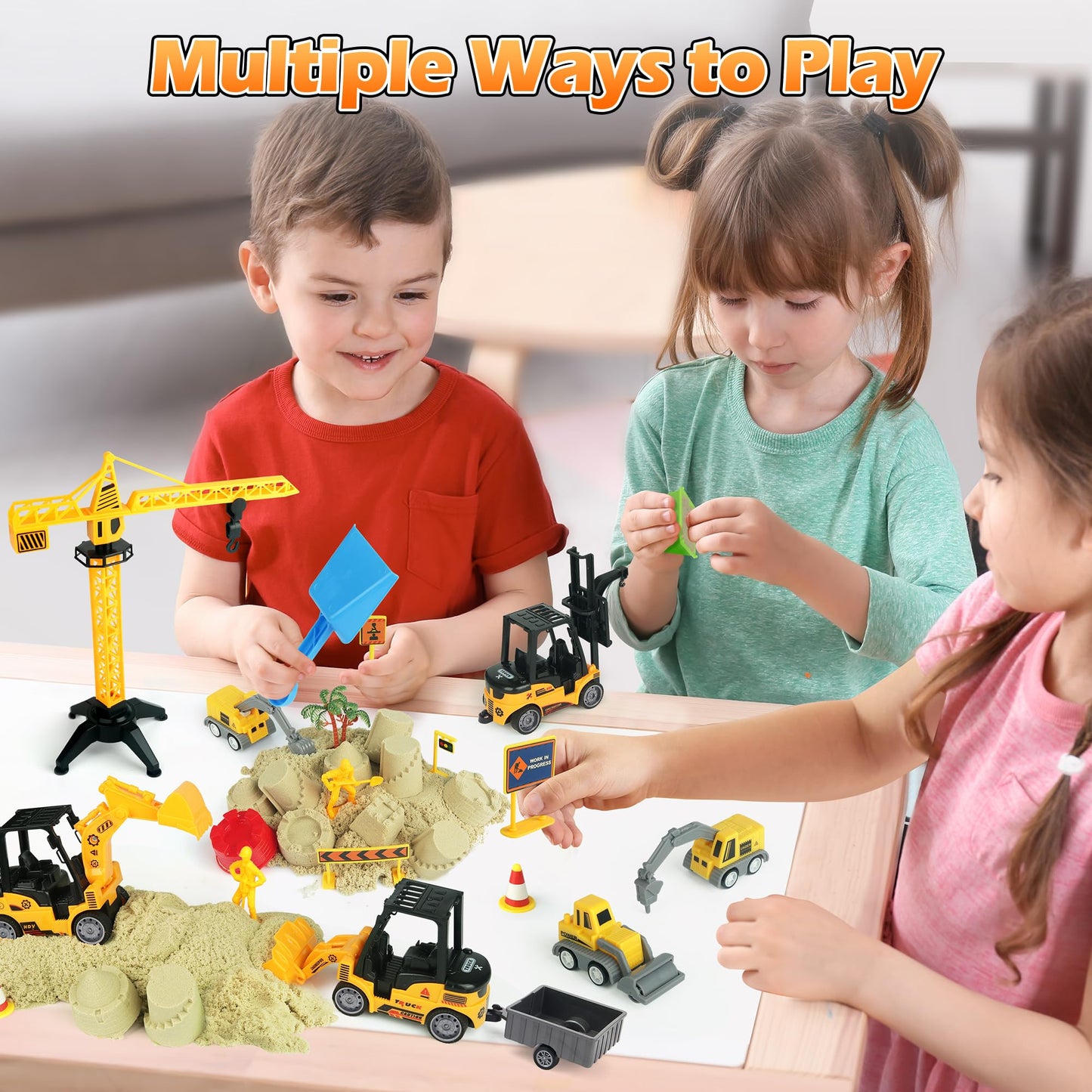 Sand Construction Site Kit - 37 Pcs Play Sand Art Kit with 8 Construction Trucks, Folding Sandbox, 2.2 lbs Magic Sand, Crane, Worker, Road Signs, Molds, Shovel - Ideal Toys for Boys Girls Age 3-8