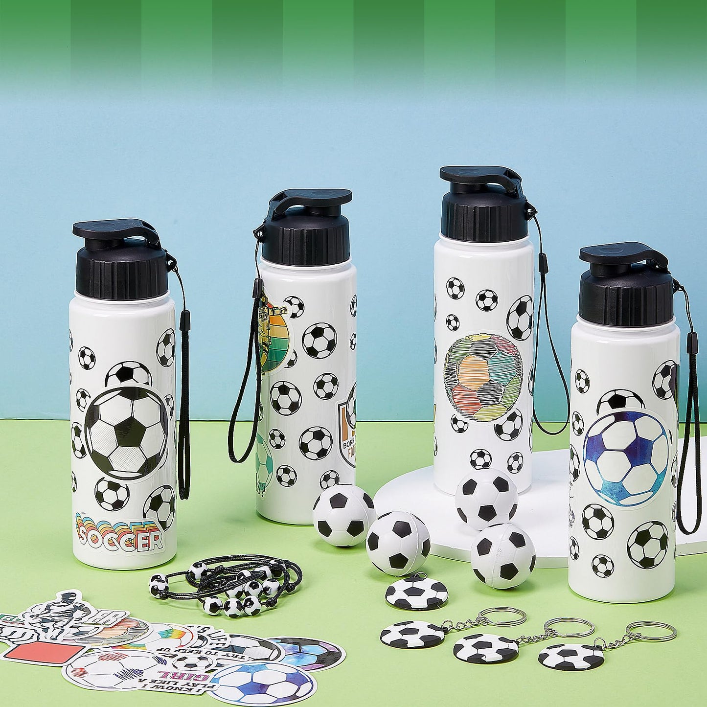 LemonRoad 164 Pcs Sports Party Favors Set 16 Plastic Cups 16 Charm Bracelets 16 Keychains 16 Mini Foam Stress Balls 100 Stickers for Sports Party Supplies(Soccer)