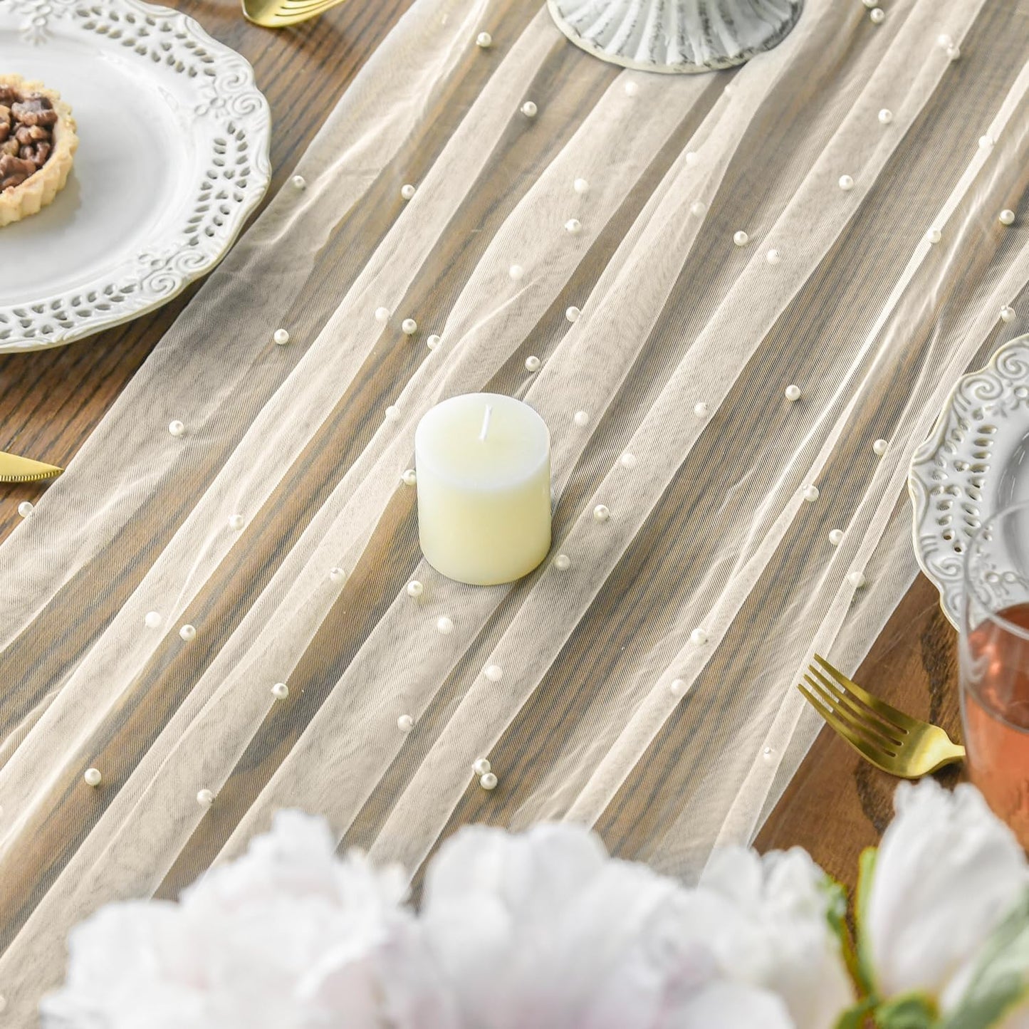 Artoid Mode 10PCS Pearl Beige Gauze Table Runner 120 Inch 10FT, Seasonal Sheer Dining Holiday Wedding Birthday Baby Shower Table Decor for Home Party