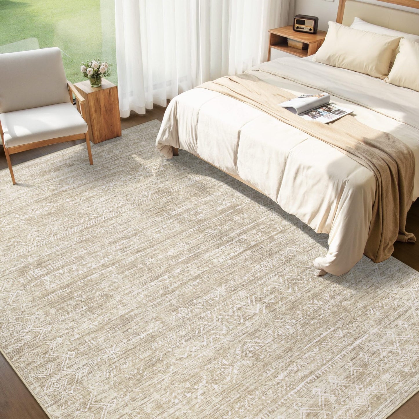Washable Rug 6x9 Area Rugs: Modern Geometric Rugs for Living Room Non Slip Soft Low Pile Moroccan Indoor Carpet for Bedroom Nursery Dining Room Home Office Children's Room (Beige, 6'x9')