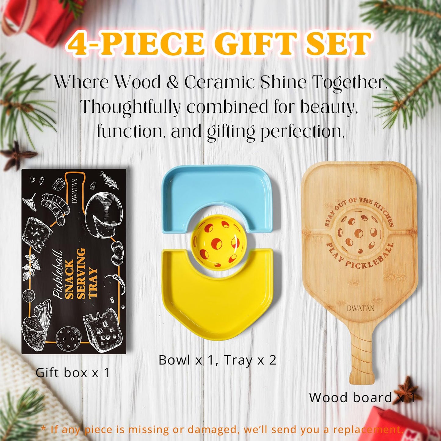 DWATAN Pickleball Paddle Snack Tray Set, Ceramic Serving Plates with Bamboo Charcuterie Board, Paddle Appetizer Platter for Parties, Unique Pickleball Gifts for Father's Day