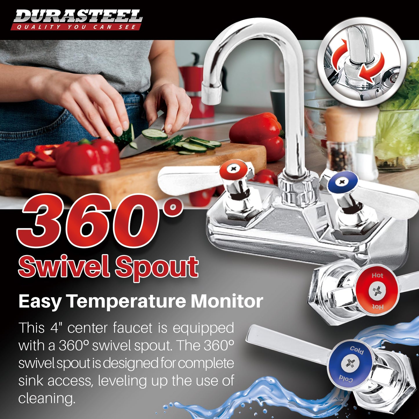 DuraSteel Commercial Hand Sink Faucet - 4 Inch Center Wall Mount Handwash Sink Faucet with 3-1/2" Gooseneck Spout - CEC Certified Saving Water - Dual Swing